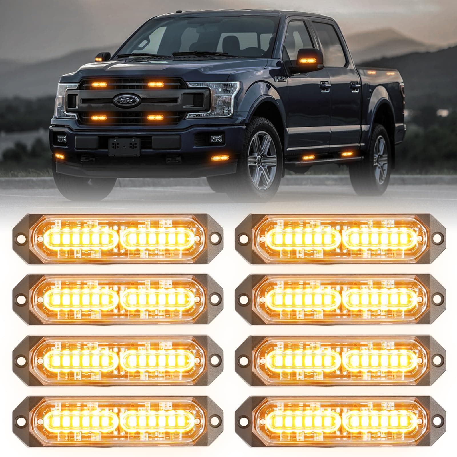 8-Pcs Amber 12 LED Sync Feature Emergency Strobe Grille Lights Bar, Ultra Slim Surface Mount Hazard Warning Flashing Light for Firefighter/Construction/Police/Trucks/Vehicles/Car/SUV
