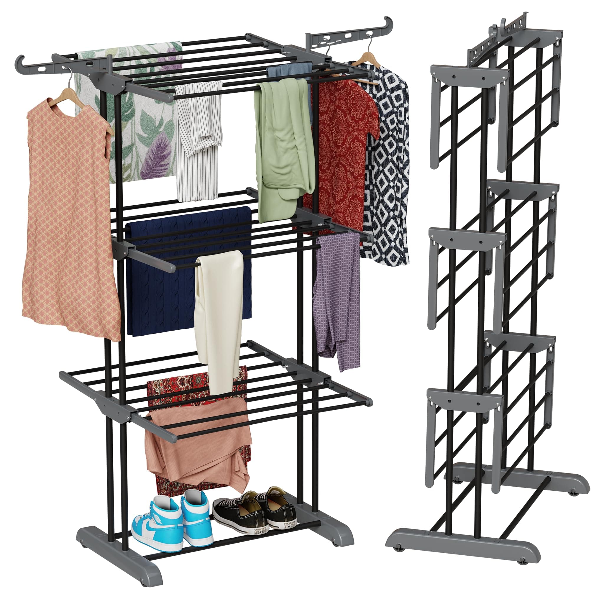 TEX-RO Clothes Drying Stand for Balcony, Foldable, Portable MS Pipe Cloth Dryer Hanging Rack for Indoor, 3 Layer, Grey and Black