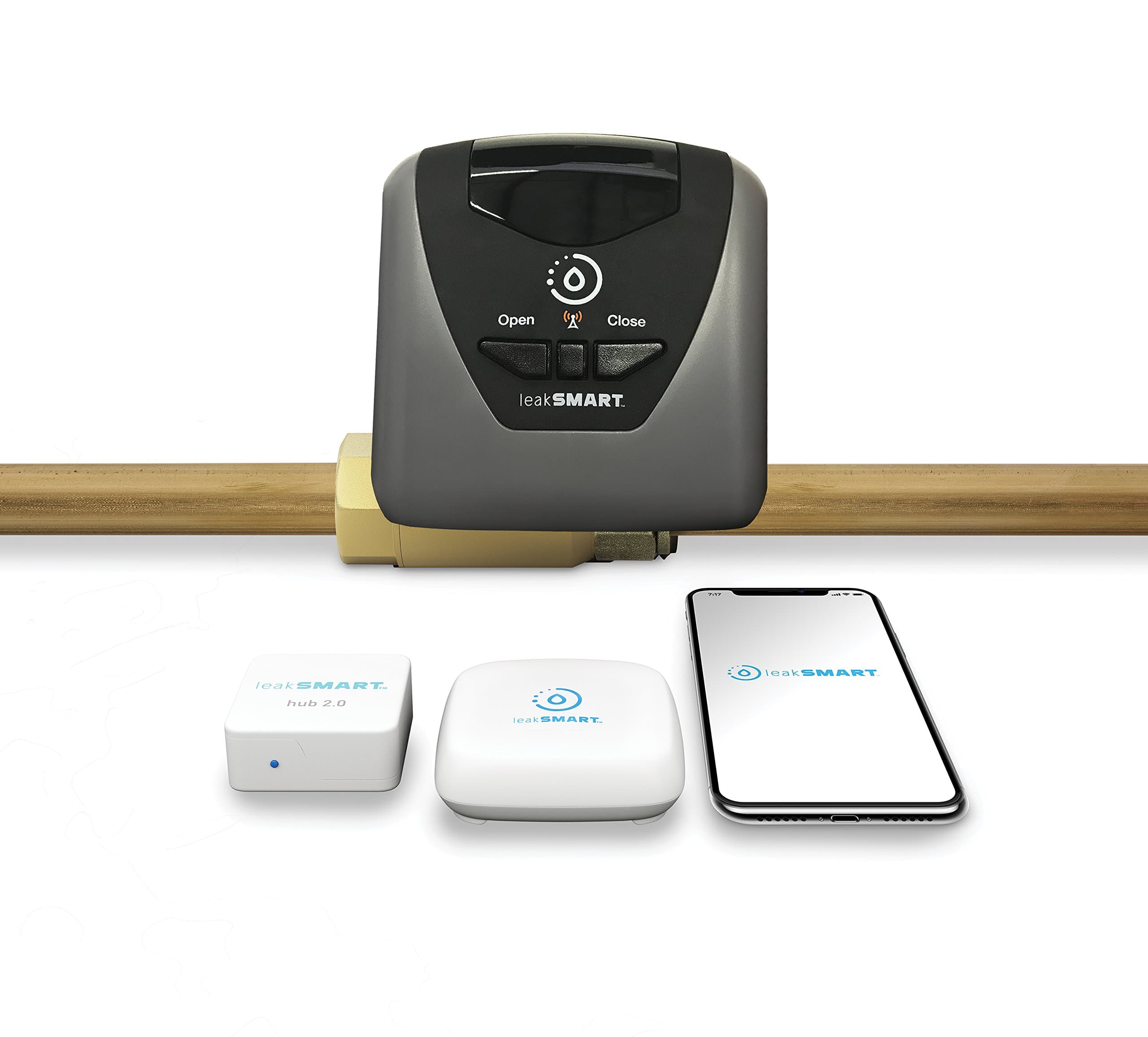 Water Leak Detection Starter Kit by leakSMART includes 1-1/4” Automatic Water Shutoff Valve, Water Leak Sensor, and Smart Hub