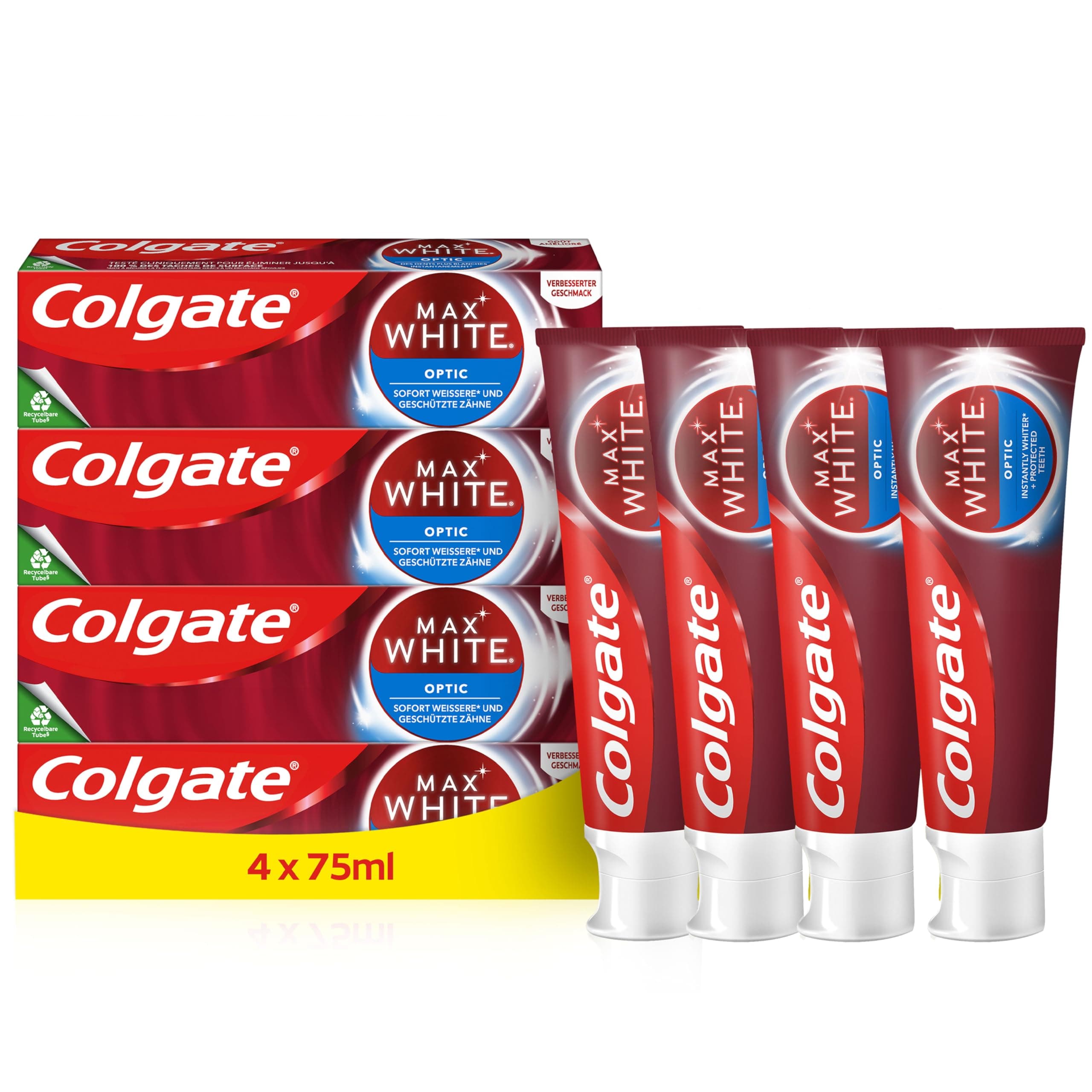 Colgate Max White Optic Toothpaste, Whitening Toothpaste, Clinically Proven to Remove up to 100 Percent Surface Stains*, Toothpaste Multipack, 4 Pack, 75ml Tubes