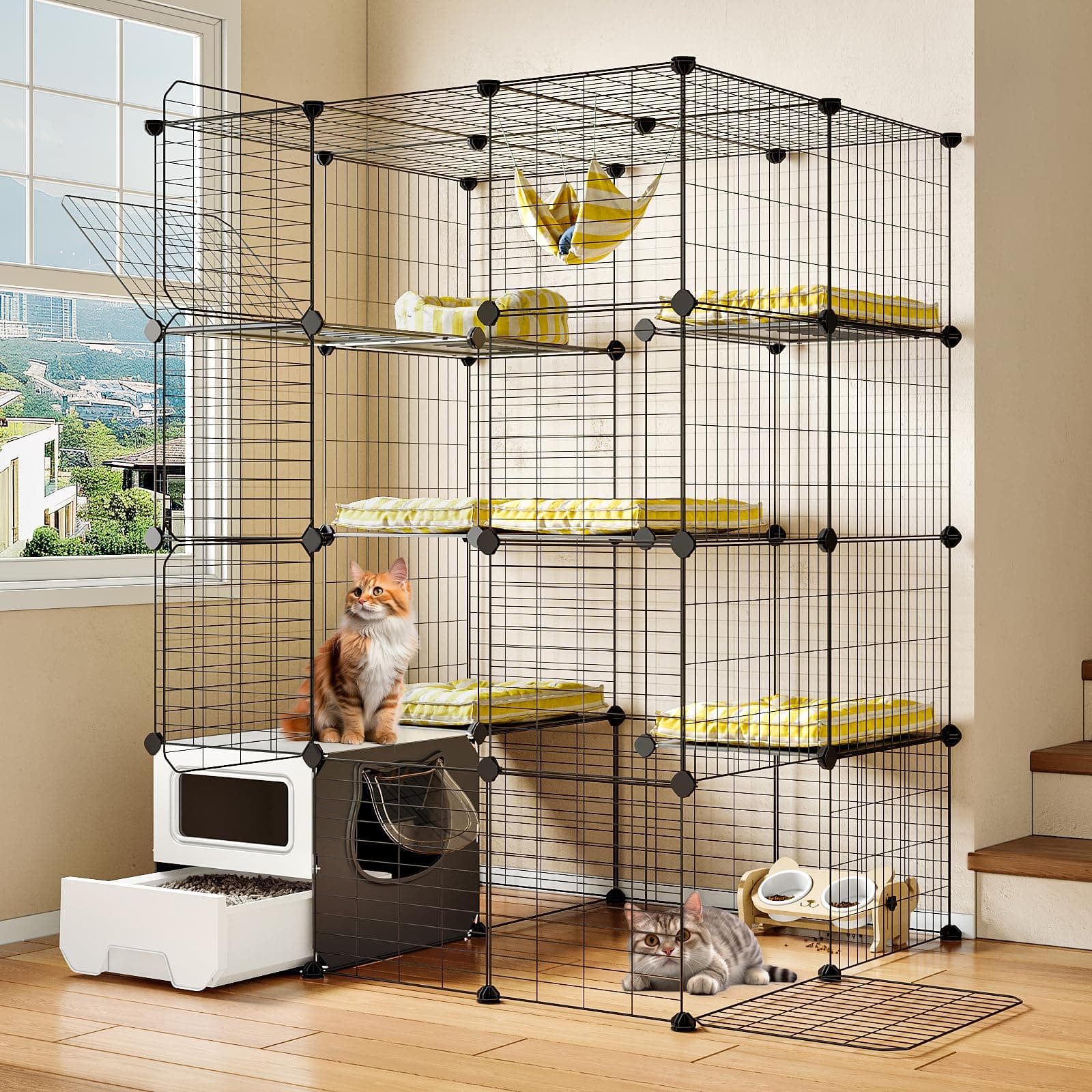 Oneluck Cat Cage with Litter Box, Large 4-Tier DIY Enclosures Detachable Metal Wire Kennel Indoor Crate Exercise Place Ideal for 1-3 Cats