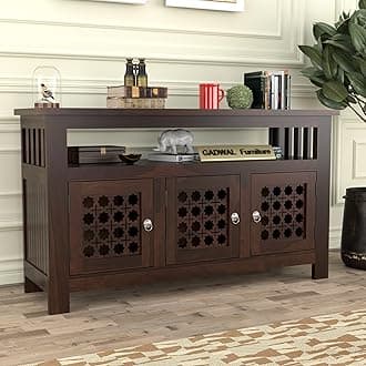 Solid Sheesham Wood Wooden Cabinet Sideboard with 6 Shelves and 3-Door Storage Cabinet for Your Living Room Bedroom Storage (Liam, Walnut Finish)