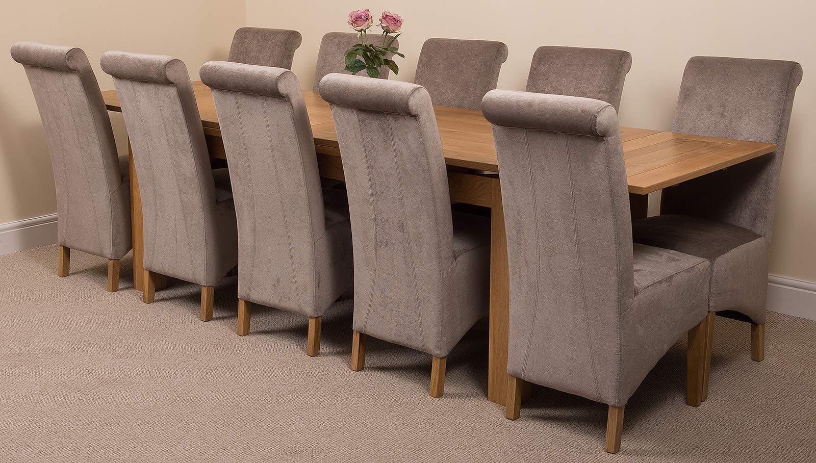 Richmond 200cm - 280cm Oak Extendable Dining Table with Chairs - Large Oak Dining Set with 10 Montana Grey Fabric Chairs
