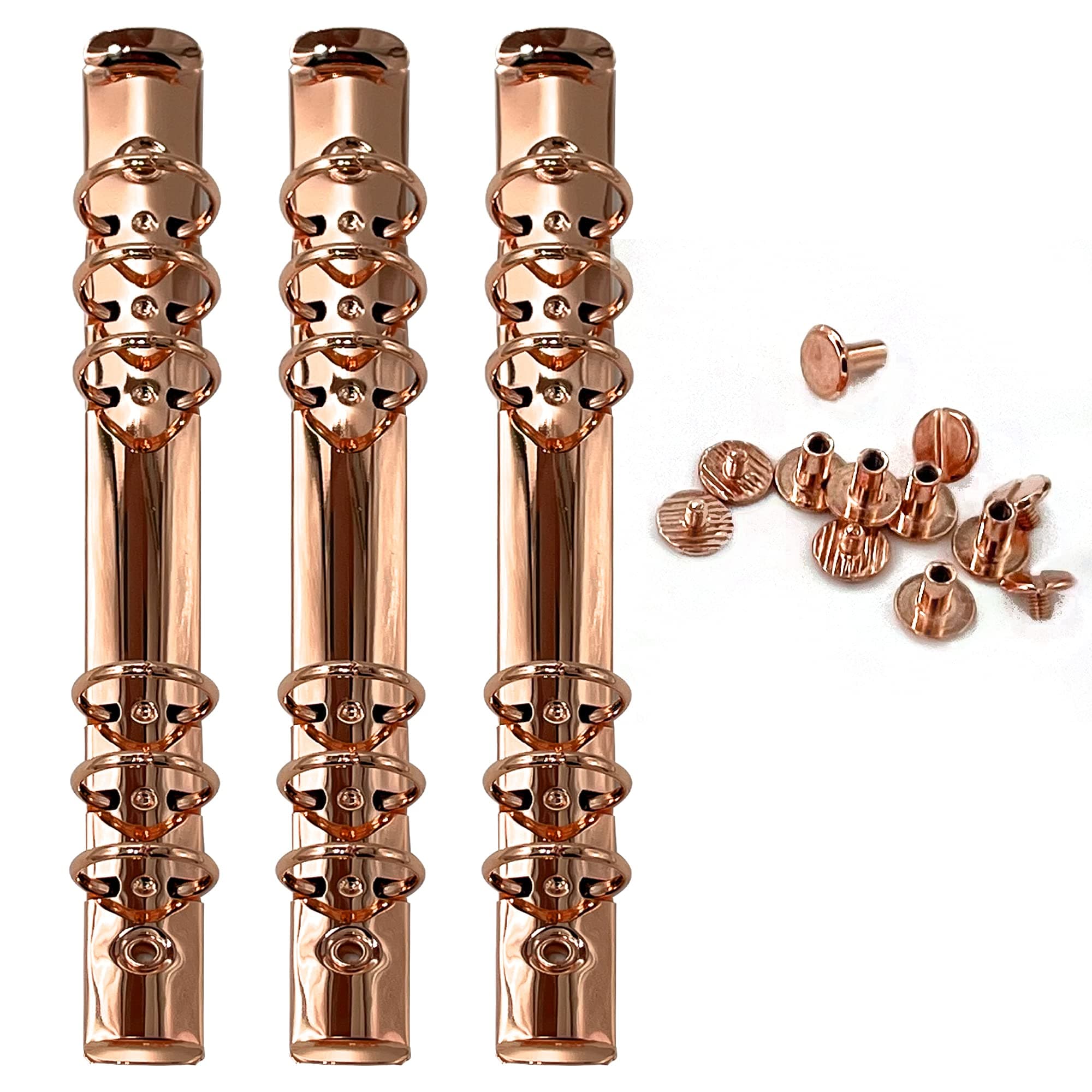 Performore 3 Pack of A5 Notebook Mechanism Replacement Kit, 20mm 6-Ring Metal Binder Mechanisms for Loose Leaf Notebook Planner Binding Accessories, Screws Included (Rose Gold)