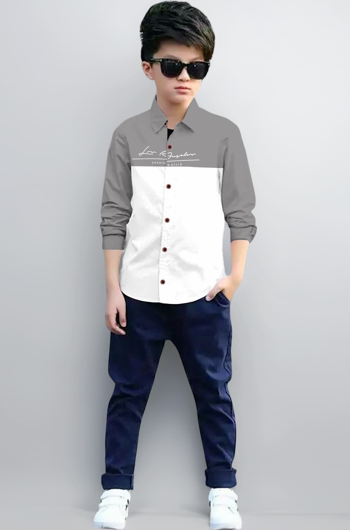 Boys Half & Half Long Sleeve Shirts Classic Collared Button-Down Tshirt Solid Cotton Letter Printed Kids & Junior Boys Shirt