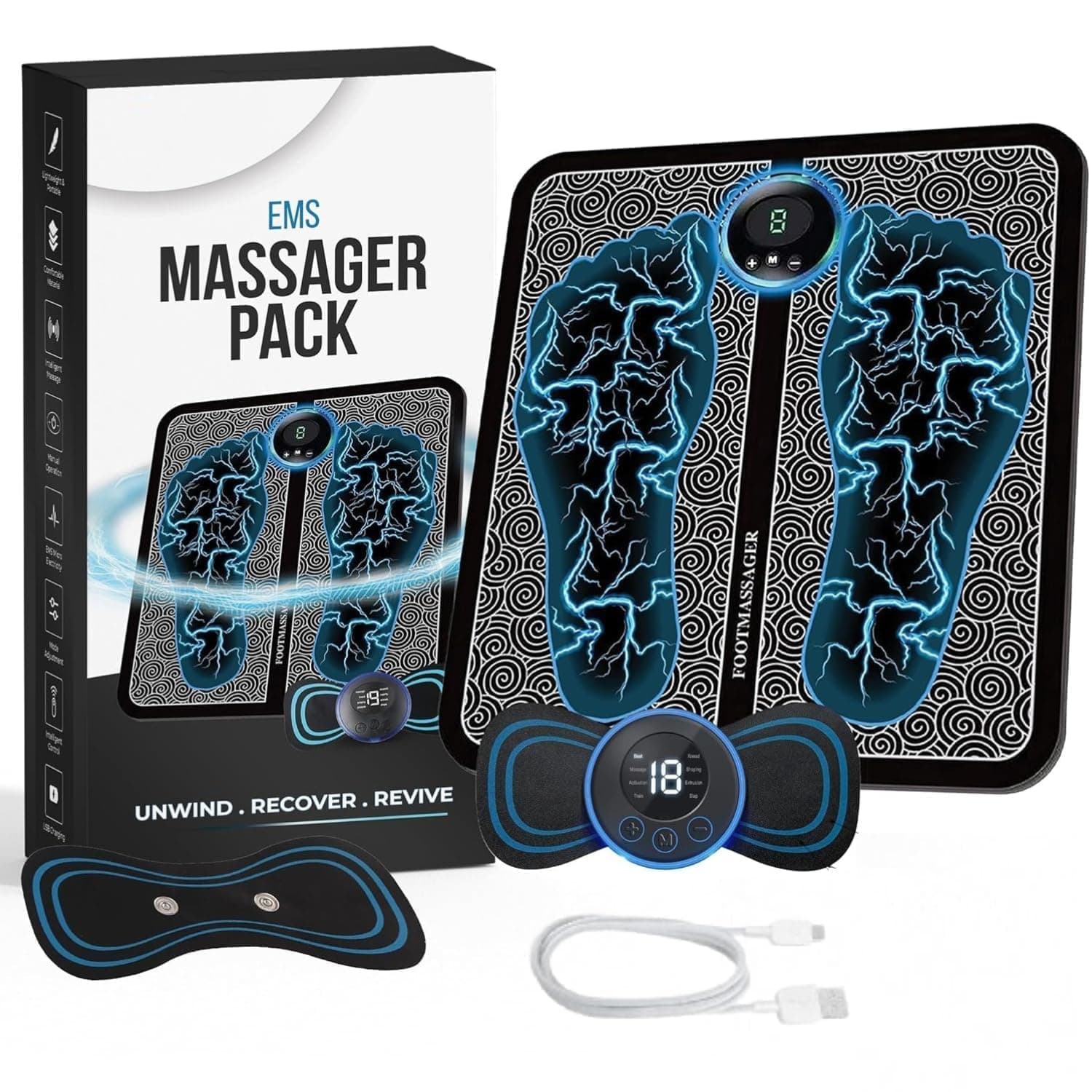 Medcursor Foot Massager, Pain Relief Wireless Electric EMS Massage Machine,Rechargeable Portable Folding Automatic With 8 Mode19 Intensity For Legs,Body,Hand Therapy (MU1)
