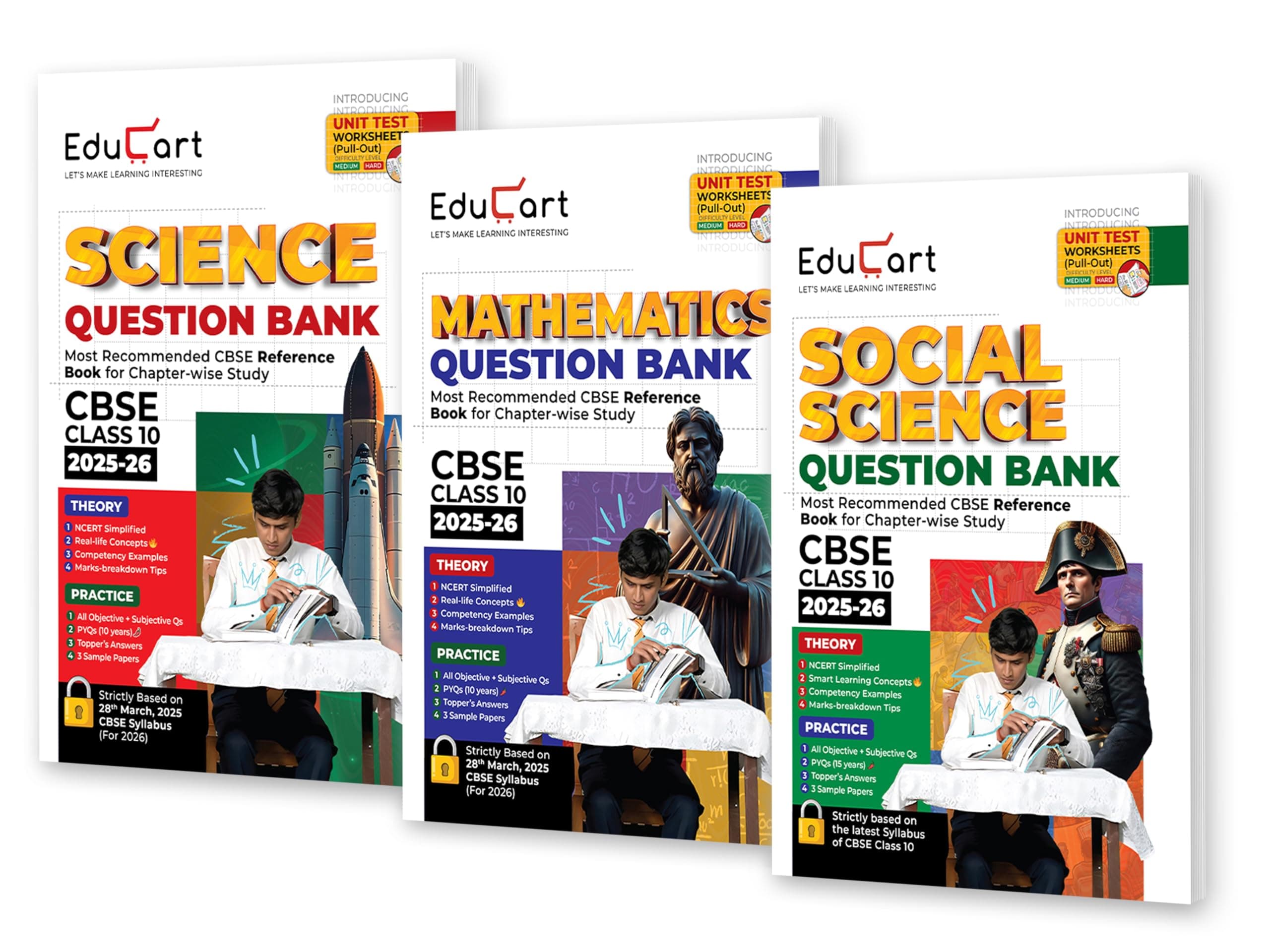 Educart CBSE Question Bank Class 10 Bundle - Science, Mathematics and Social Science on New Syllabus 2025-26 (Introducing Unit Test Worksheets for 2026 Boards)