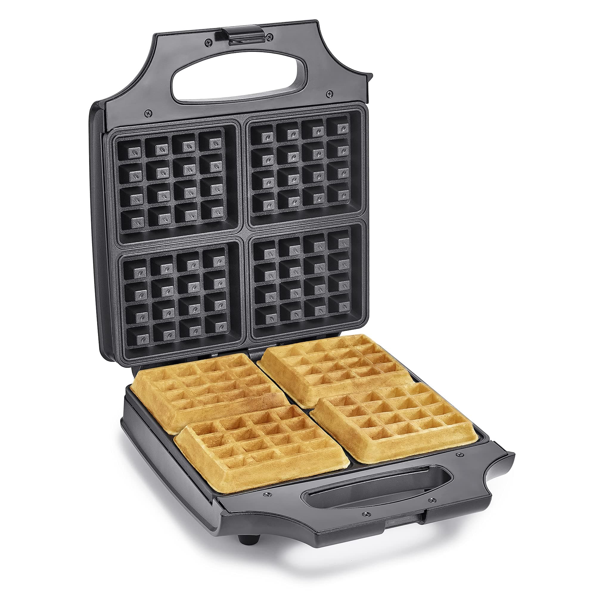 bella Waffle Iron - 4 Square Belgian Waffle Maker, Non-stick Extra Large Plates for Easy Cleanup - Compact Design, Stainless Steel, Black, 1400W