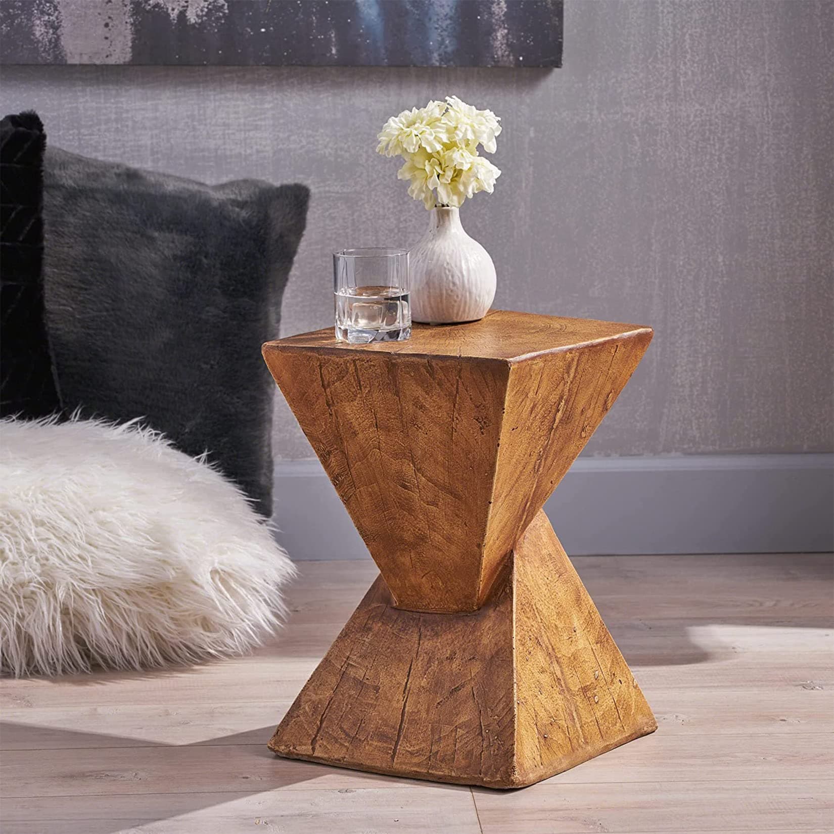 Lightweight Concrete Side Table: Modern End Table with Wood-Like Finish Small Coffee Table Stylish Bedside Table for Living Room Bedroom Balcony 30.5×30.5×46cm