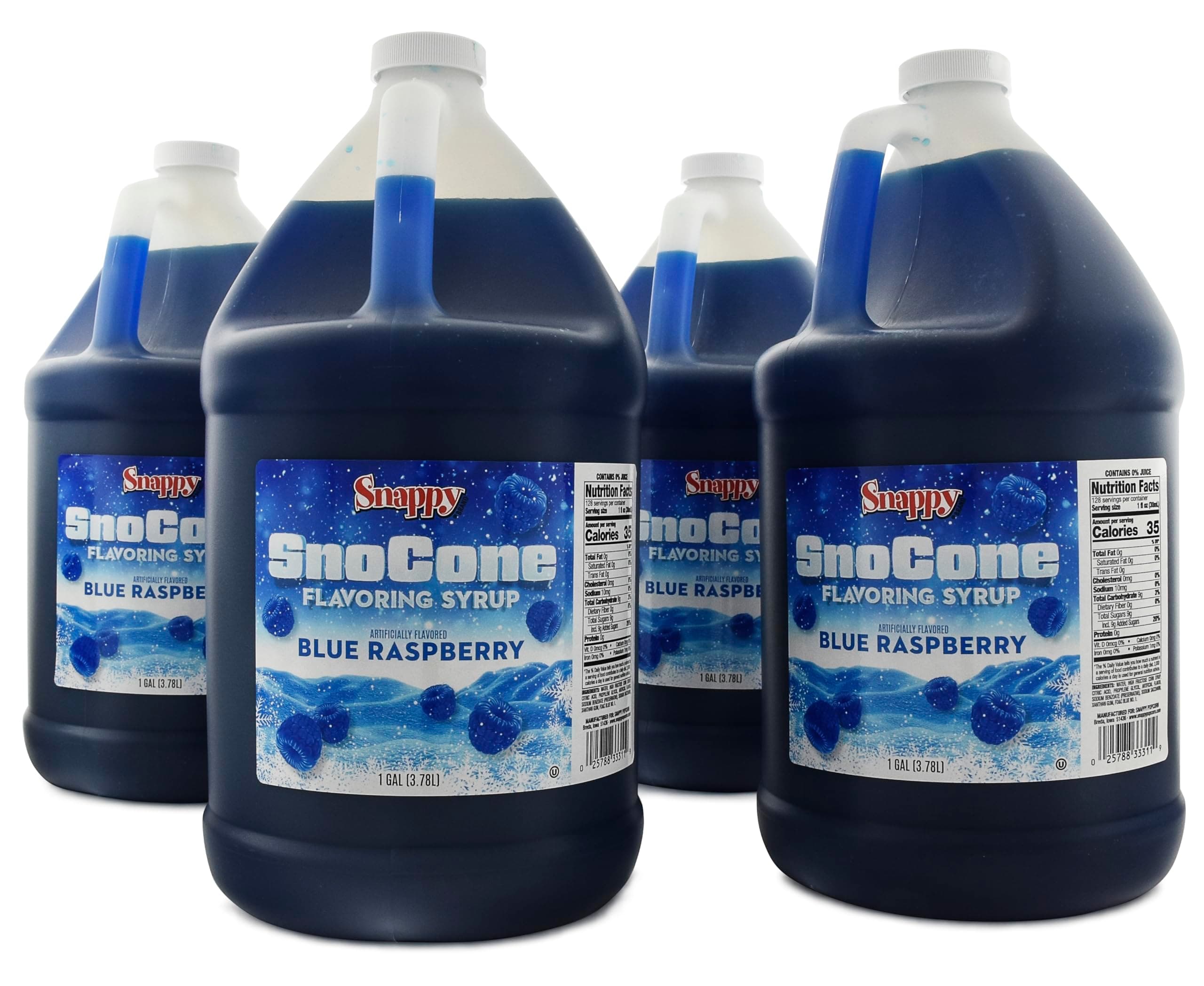 Snappy Blue Raspberry Sno Cone Syrup, 4-1 Gallon (128 ounces) Size, 4 Pack, Ready to Use For Snow Cone Machines, Flavored Syrup for Shaved Ice, 14 Flavor Options