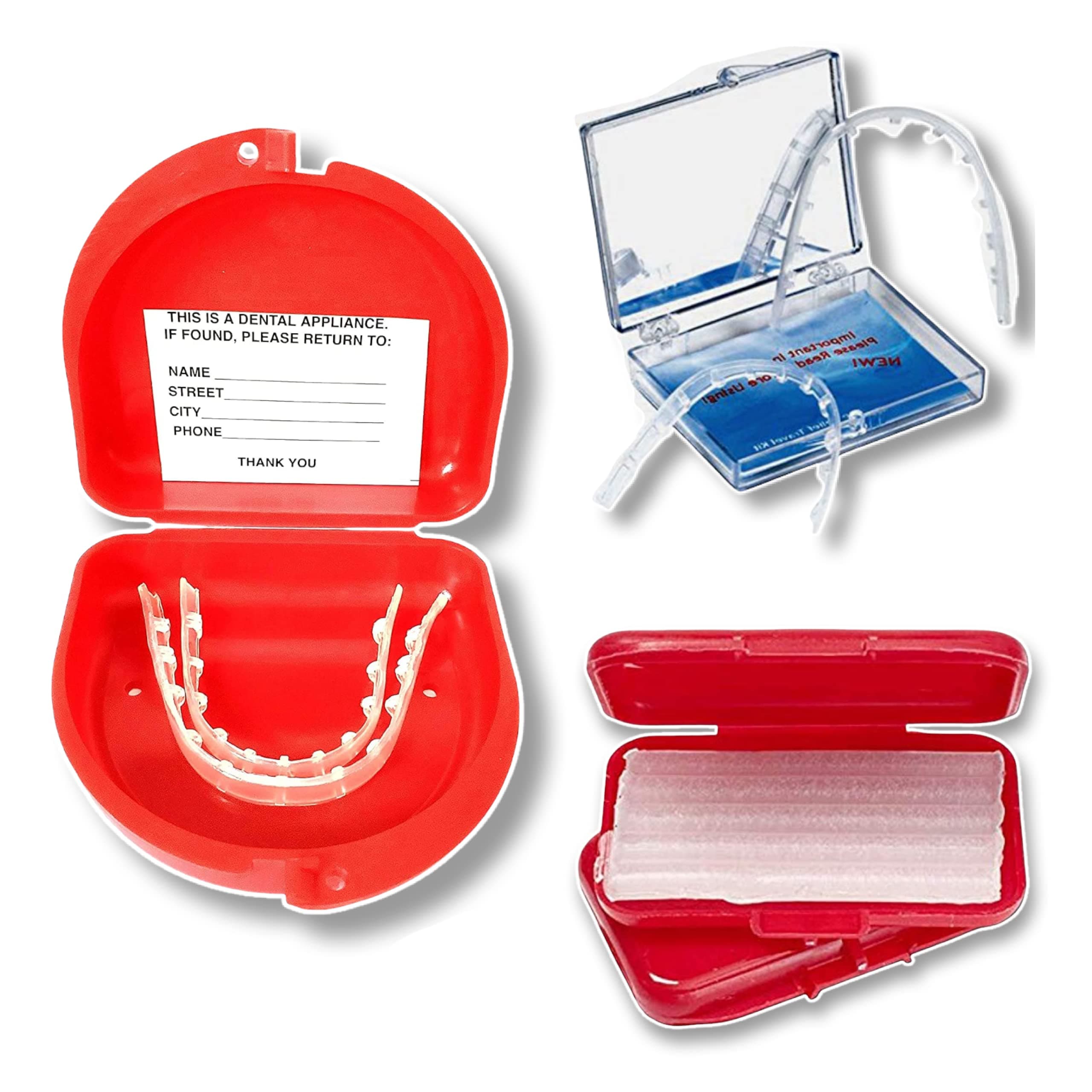 Braces Cover Lip Protector- Set 4 Items,Upper and Lower Clip on System, Comfort Covers for Braces- 01 case Braces Wax,01 Retainer Case, Oral Relief for Orthodontic Braces-Mouthguard for Braces