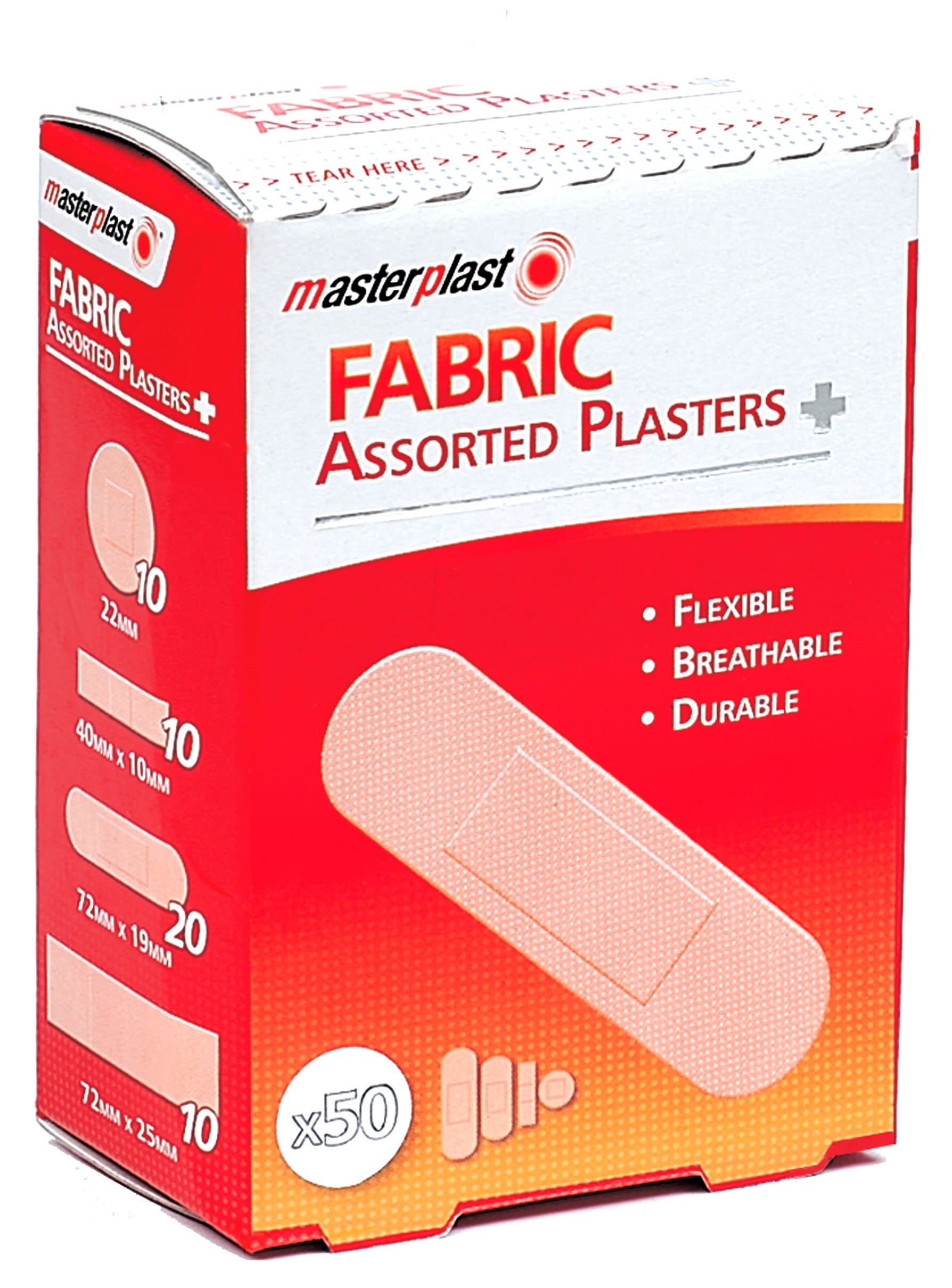 Masterplast Fabric Assorted Plasters 50 Pack | Flexible, Breathable, Durable, Safety, First Aid Kit Essential, 4 Sizes