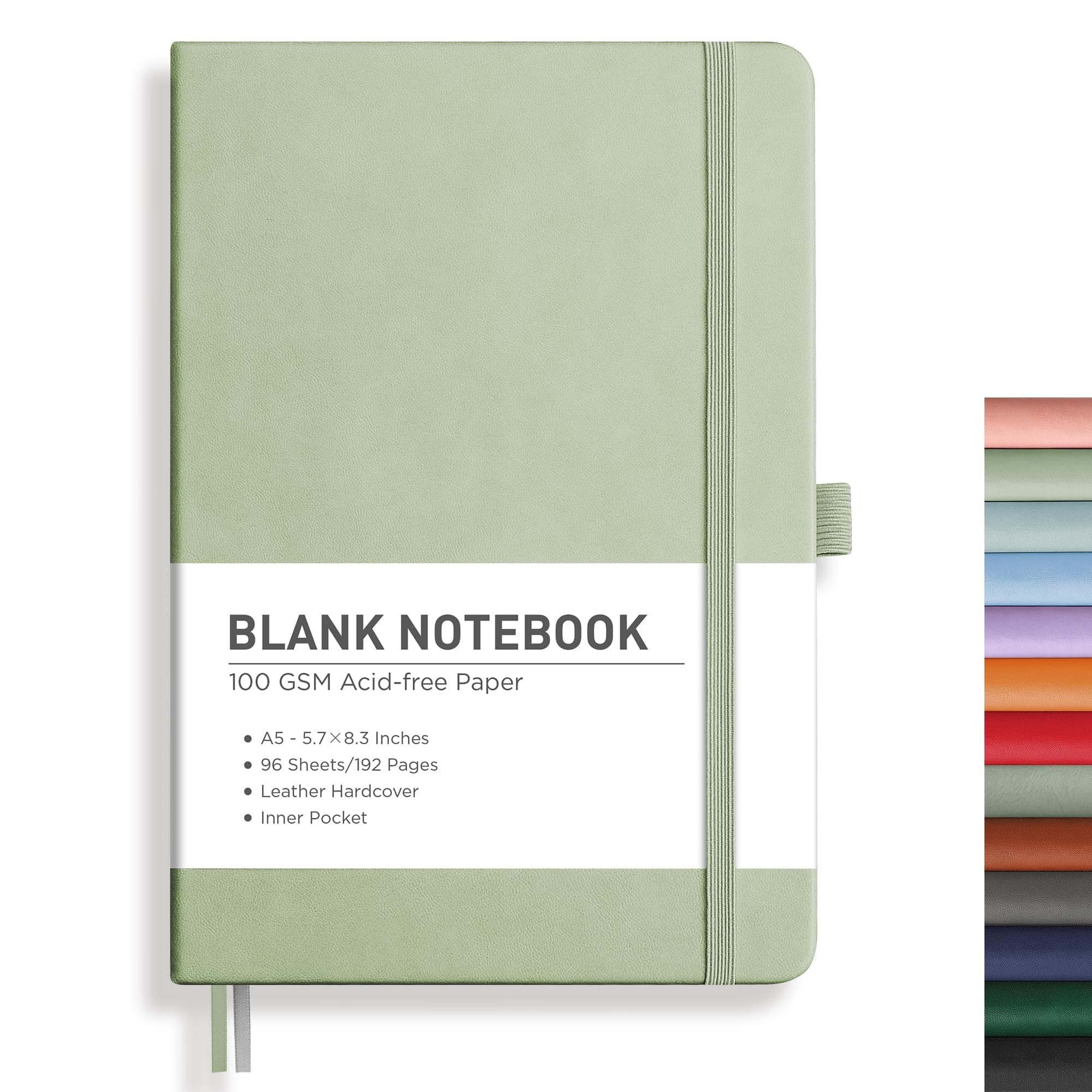RETTACY Blank Journal Notebook, 192 Pages, A5 Medium Size (5.7'' x 8.3''), Leather Hardcover, 100 GSM Thick Paper, for Sketching, Drawing, Painting (Light Green)