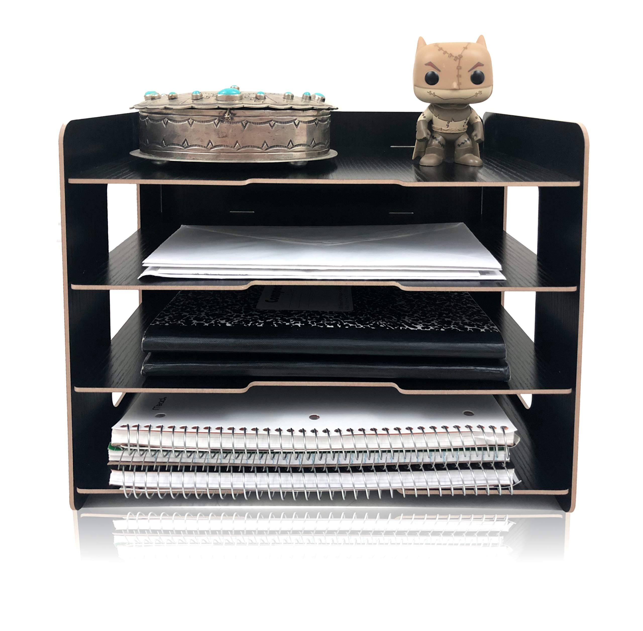 Organize Fun 4-Tier Desk Organizer, Document Tray, File Rack, Paper Holder. A Desktop Essential for Home, Office, College Dorm and Classroom. Tools Free Assembly. (Black)