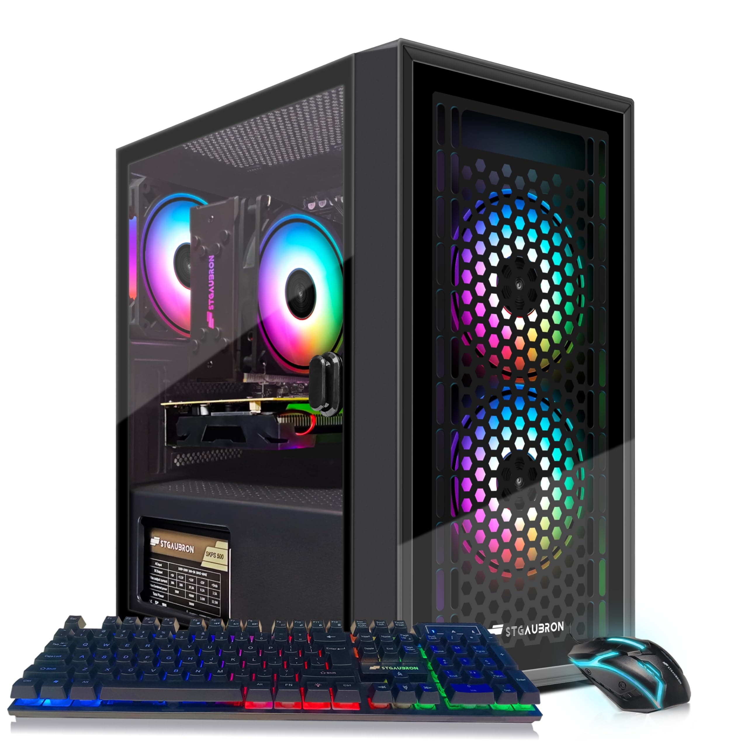 STGAubron Gaming PC Computer Desktop, Radeon RX 560 4GB, Intel i7 Xeon E5 up to 3.0GHz, 16GB RAM, 512GB SSD, WiFi, BT 5.0, RGB Fan x3, Windows 10 Home for Gamer, Streaming