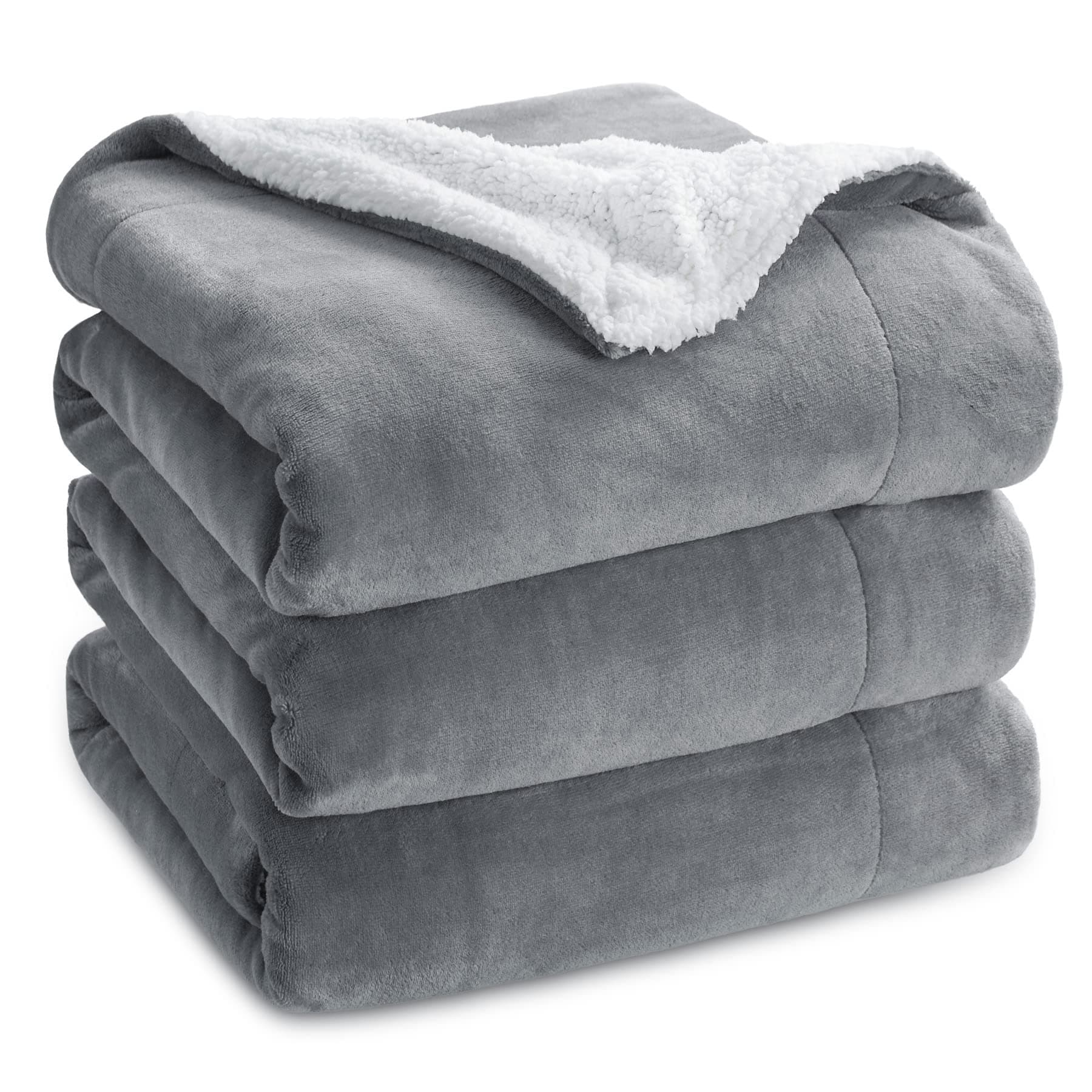 Bedsure Sherpa Fleece Throw Blanket - Thick and Warm, Fluffy Microfiber Solid & Soft Blankets for Bed and Couch King Size, Silver Grey, 230x270cm