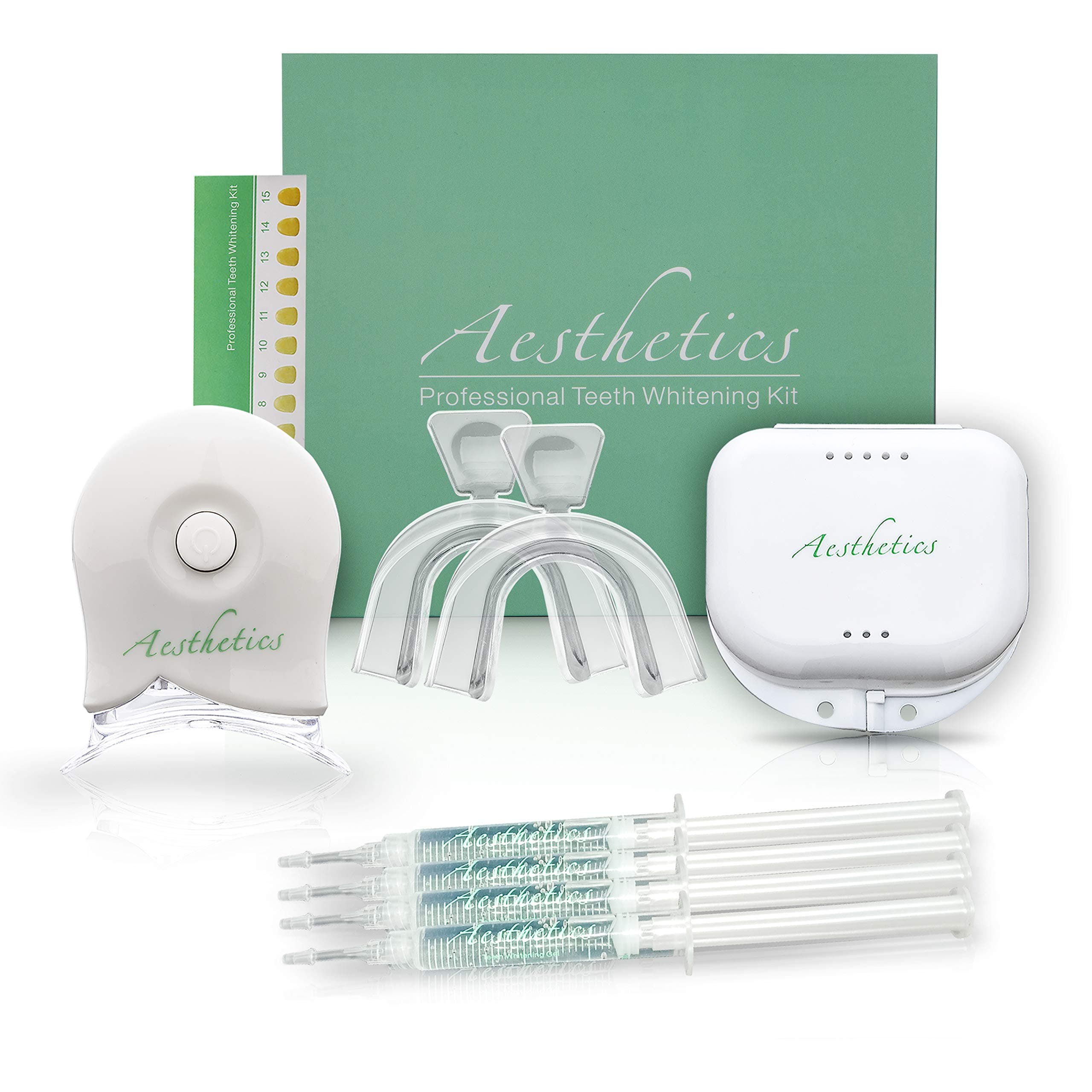Aesthetics Teeth Whitening Kit with LED Light - Includes Pro Dental Care Gel, Mouth Trays, Cases, Shade Guide and Instructions Manual - Radiant Effects for Brightening and Stain Removing