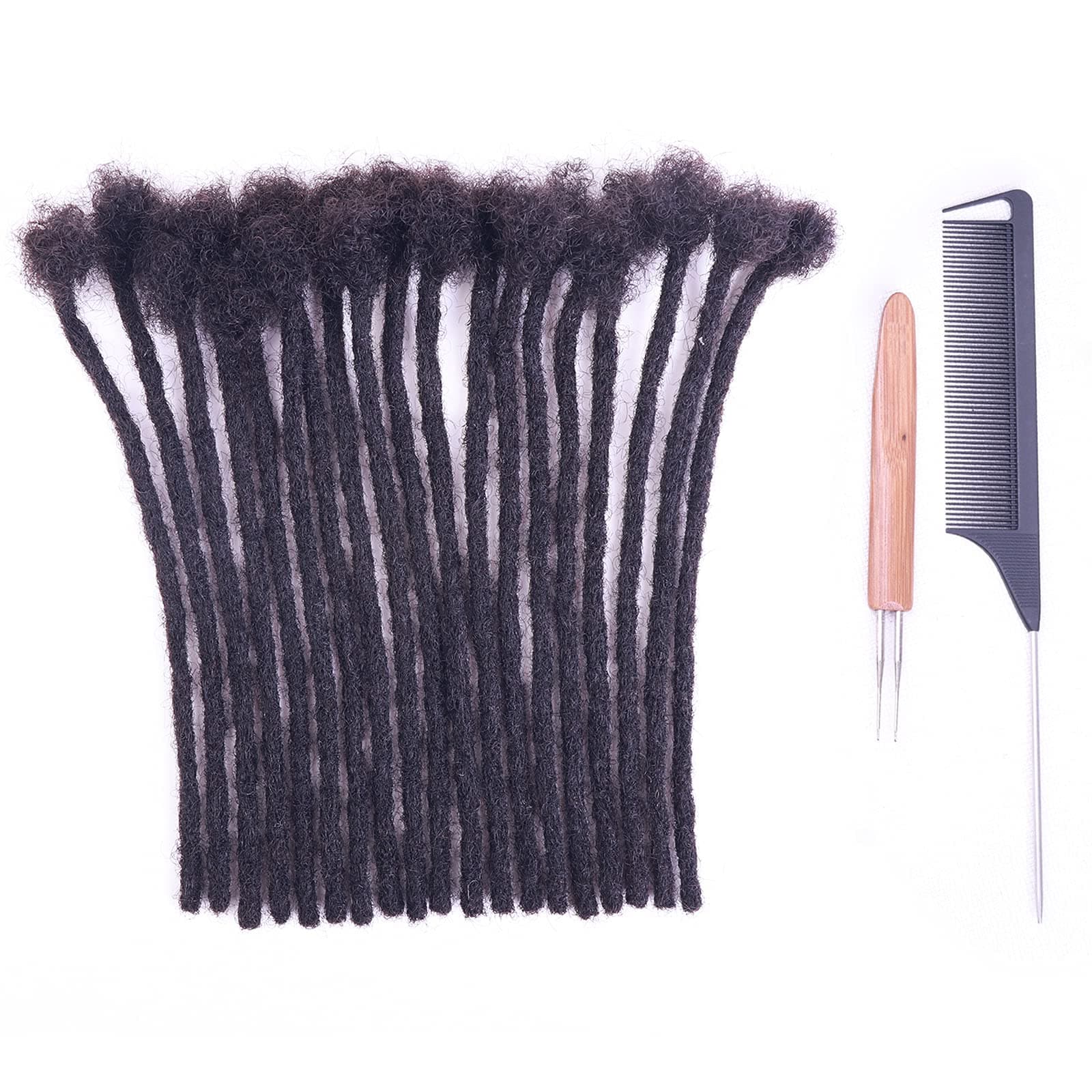 0.4cm and 0.6cm Width 4-16 Inch 10-100 Strands Options 100% Human Hair Dreadlock Extensions for Men Women Kids Full Handmade Human Loc Extensions with Needle and Comb(0.4cm, 8inch, 10Strands)