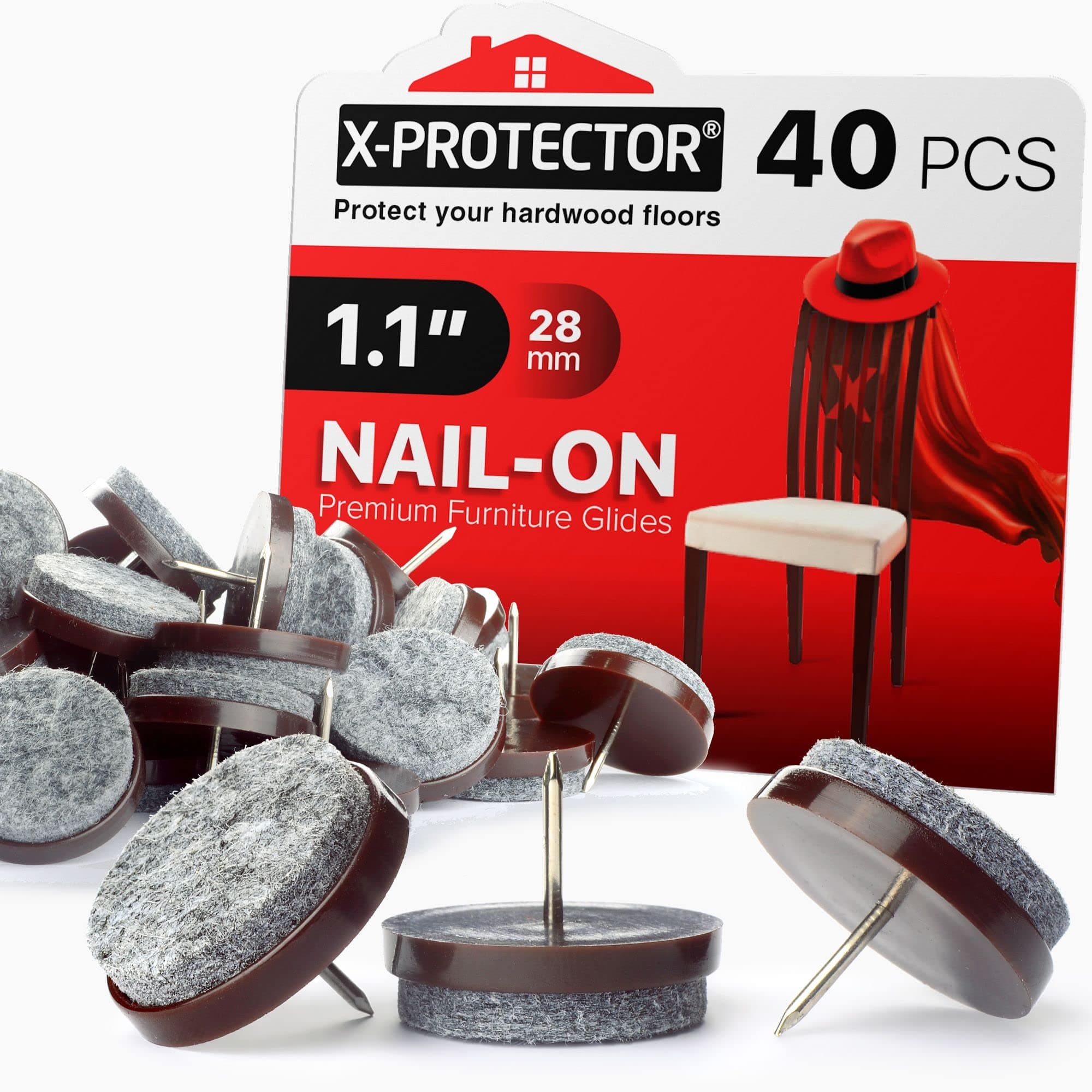 Nail-on Felt Pads X-PROTECTOR 40 PCS - 1.1" Felt Furniture Pads - Felt Chair Pads for Hardwood Floors - Floor Protectors for Furniture Legs - Best Furniture Sliders for Hardwood Floors (28mm)!