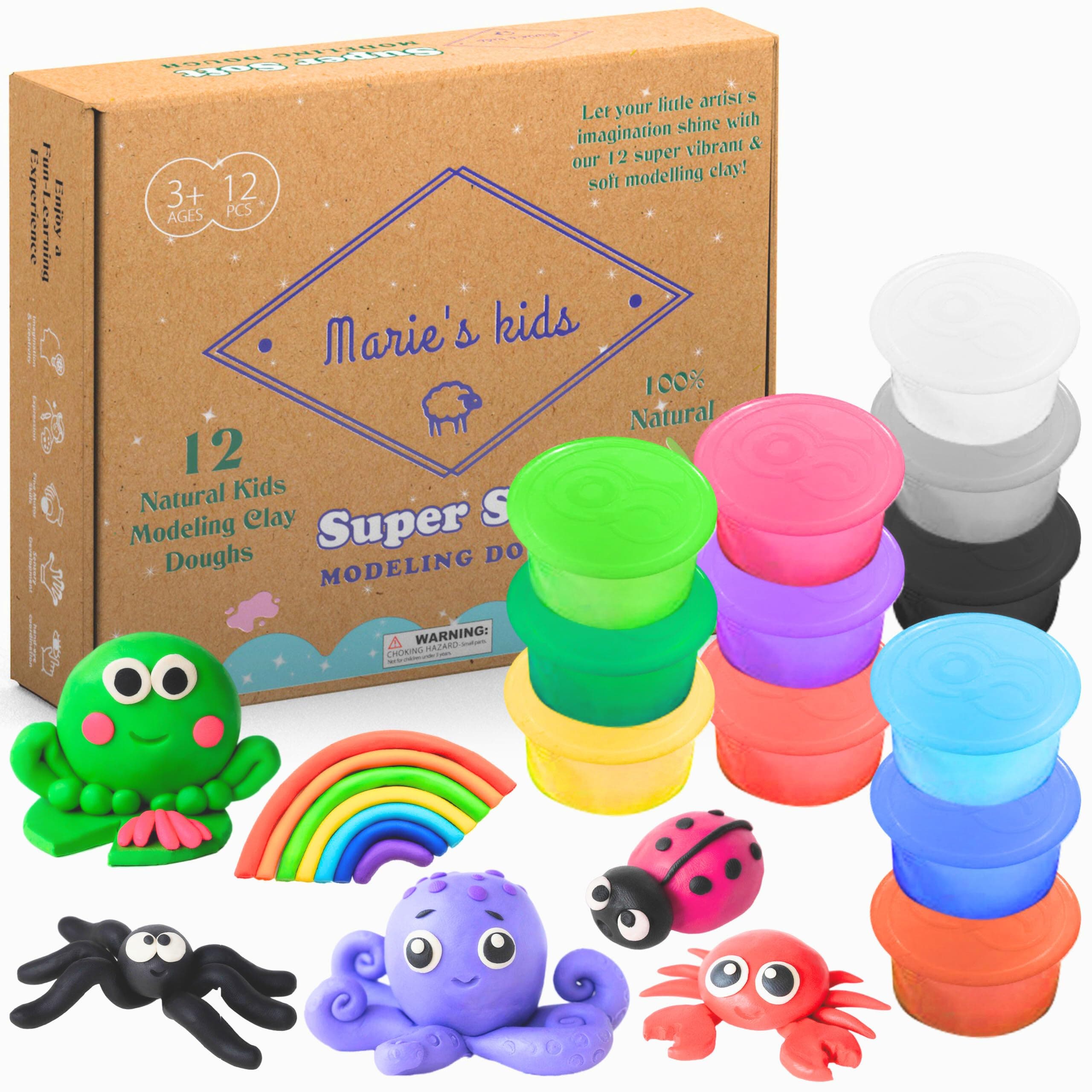 Modeling Clay for - 12 Super Soft & 100% Natural Modeling Clay Doughs Made from Wheat Flour - 100g Per Can of Reusable & Vibrant Clay Modeling Kit for Ages 3+ by