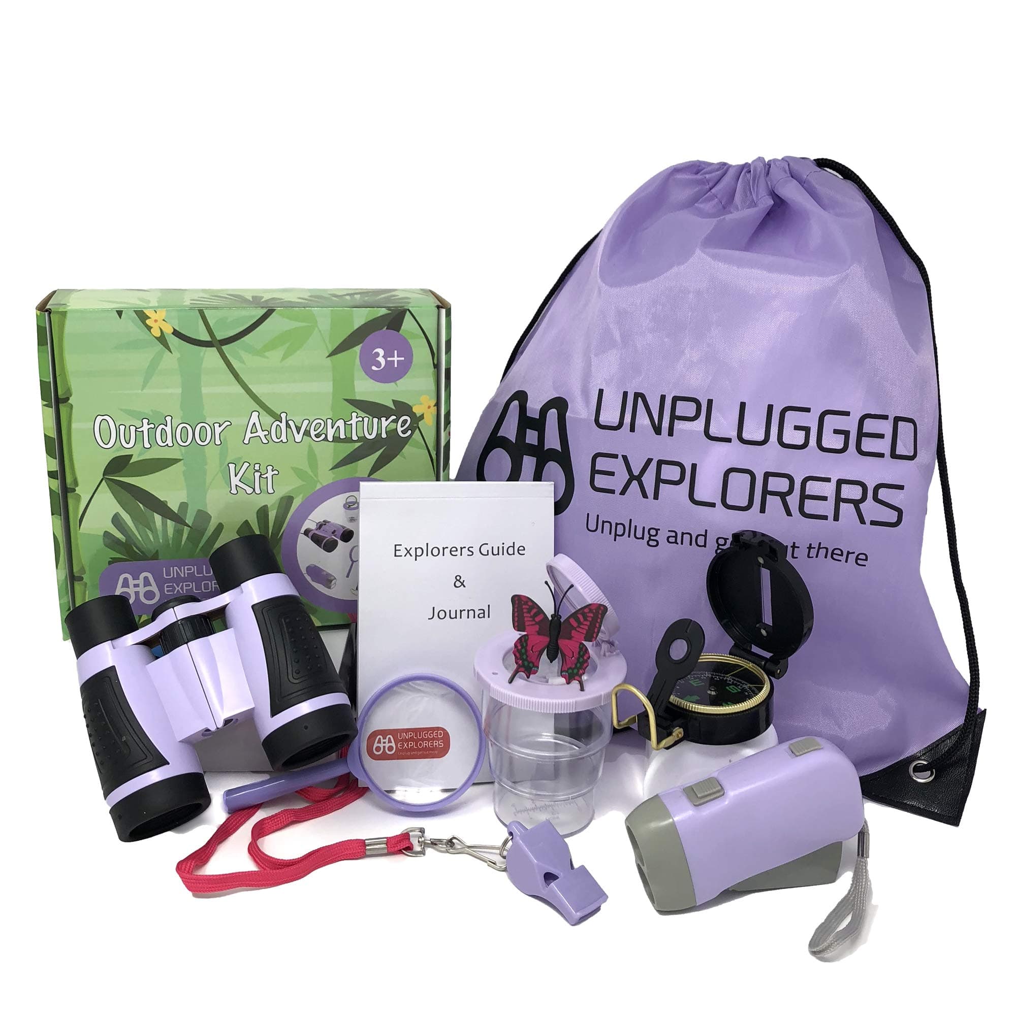 9 Piece Kids Outdoor Explorer Kit- Backpack, Binoculars, Flashlight, Compass, Bug Collector, Whistle, Magnifying Glass, and Journal. Boy/Girl STEM (Purple)