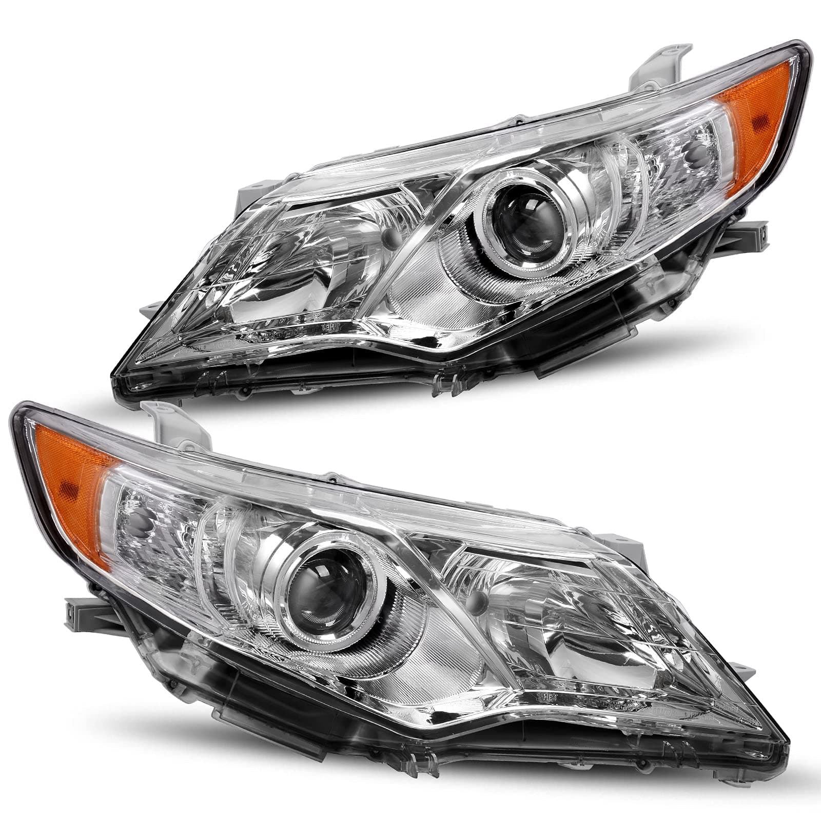 DWVO Projector Headlights Assembly Compatible with 2012 2013 2014 Camry L/LE/XLE/Hybrid (Not Fit SE/SE Sport/Hybrid SE) Headlamp Replacement Chrome Housing Amber Reflector Pair