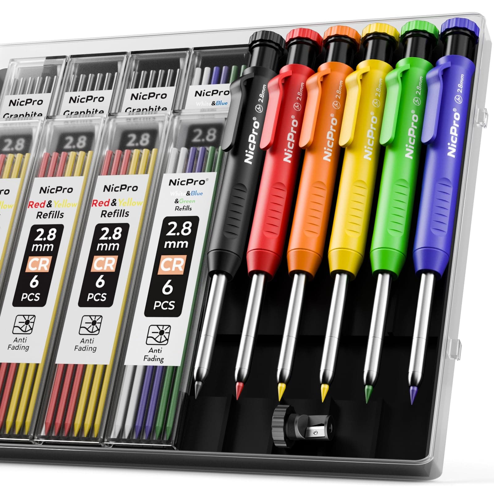 6 Pack Carpenter Pencil with Sharpener,Mechanical Pencils Set 54PCS Refills(Black,Red,Yellow,Blue,Green,White) Deep Hole Marker Construction Heavy Duty Woodworking -With Case
