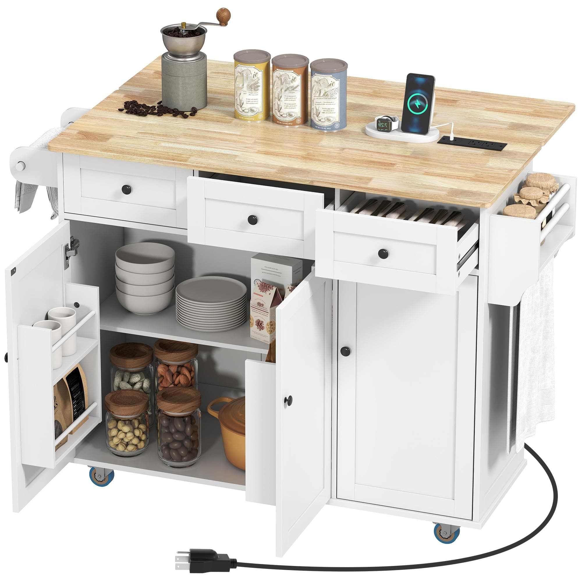HOMCOM Rolling Kitchen Island with Power Outlet and Drop Leaf, 53" Island Table with Wood Top, 3 Drawers, Adjustable Shelf, Spice & Towel Rack, Kitchen Cart on Wheels, White