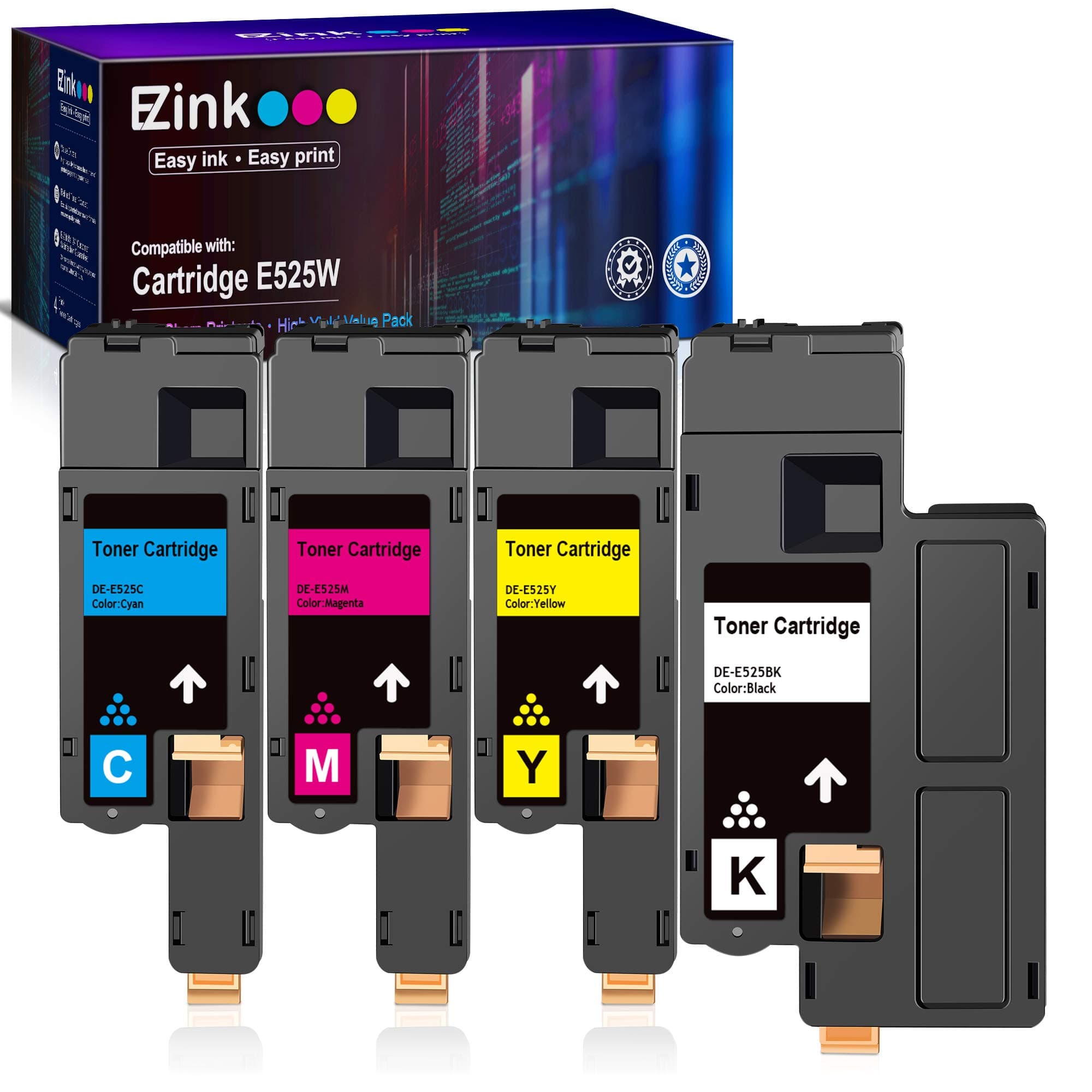 E-Z Ink Compatible Toner Cartridge Replacement for Dell E525W E525 525w Toner to use with E525w Wireless Color Printer for 593-BBJX 593-BBJU 593-BBJV 593-BBJW (Black Cyan Magenta Yellow, 4 Pack)