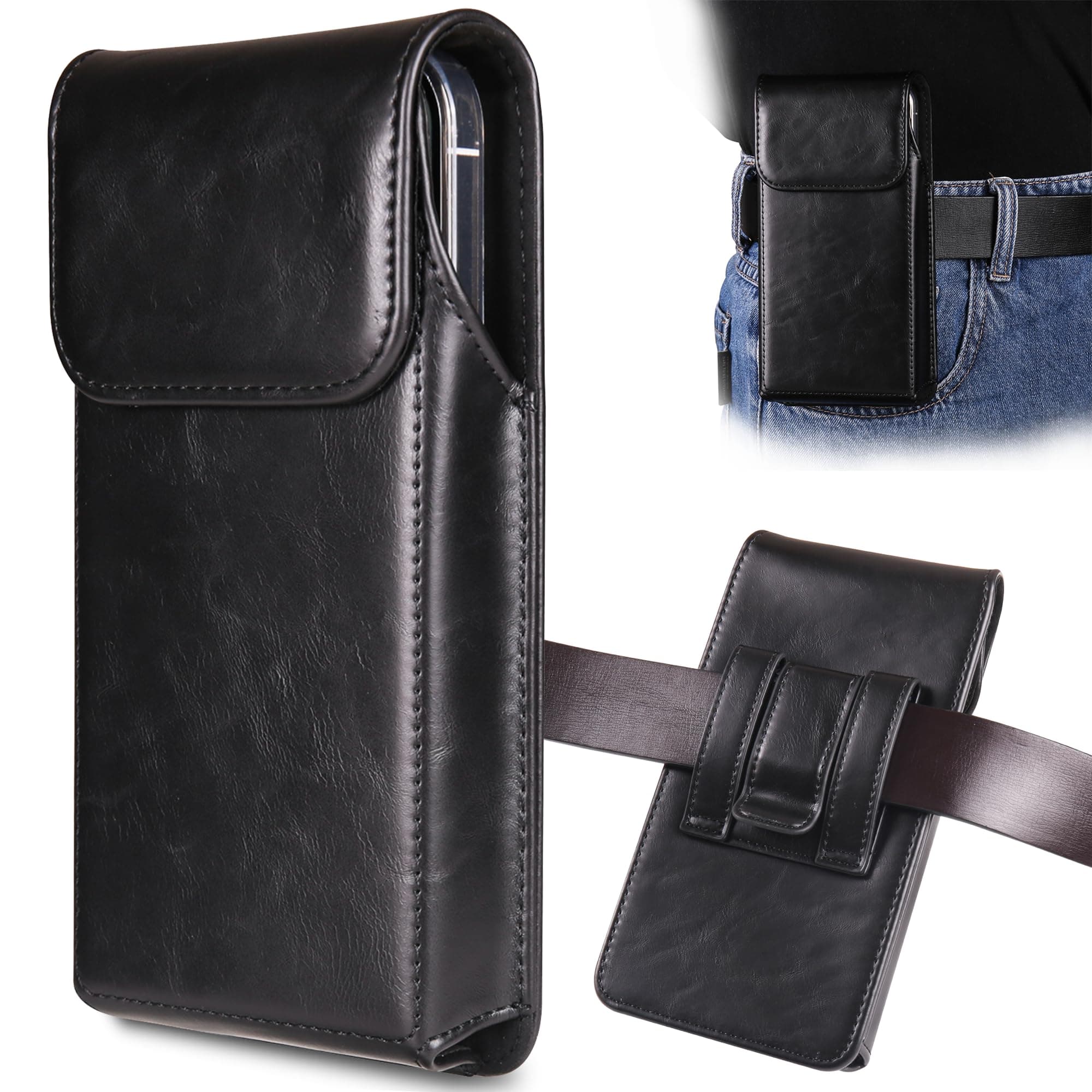 Holster for iPhone iPhone 15, 15 Pro, 14, 14 Pro, 13, 13 Pro, 12, 12 Pro, 11, 11 Pro, XR, Galaxy S24, S23, S22, Premium Leather Pouch with Belt Clip Phone Holster Belt Case, Black -M