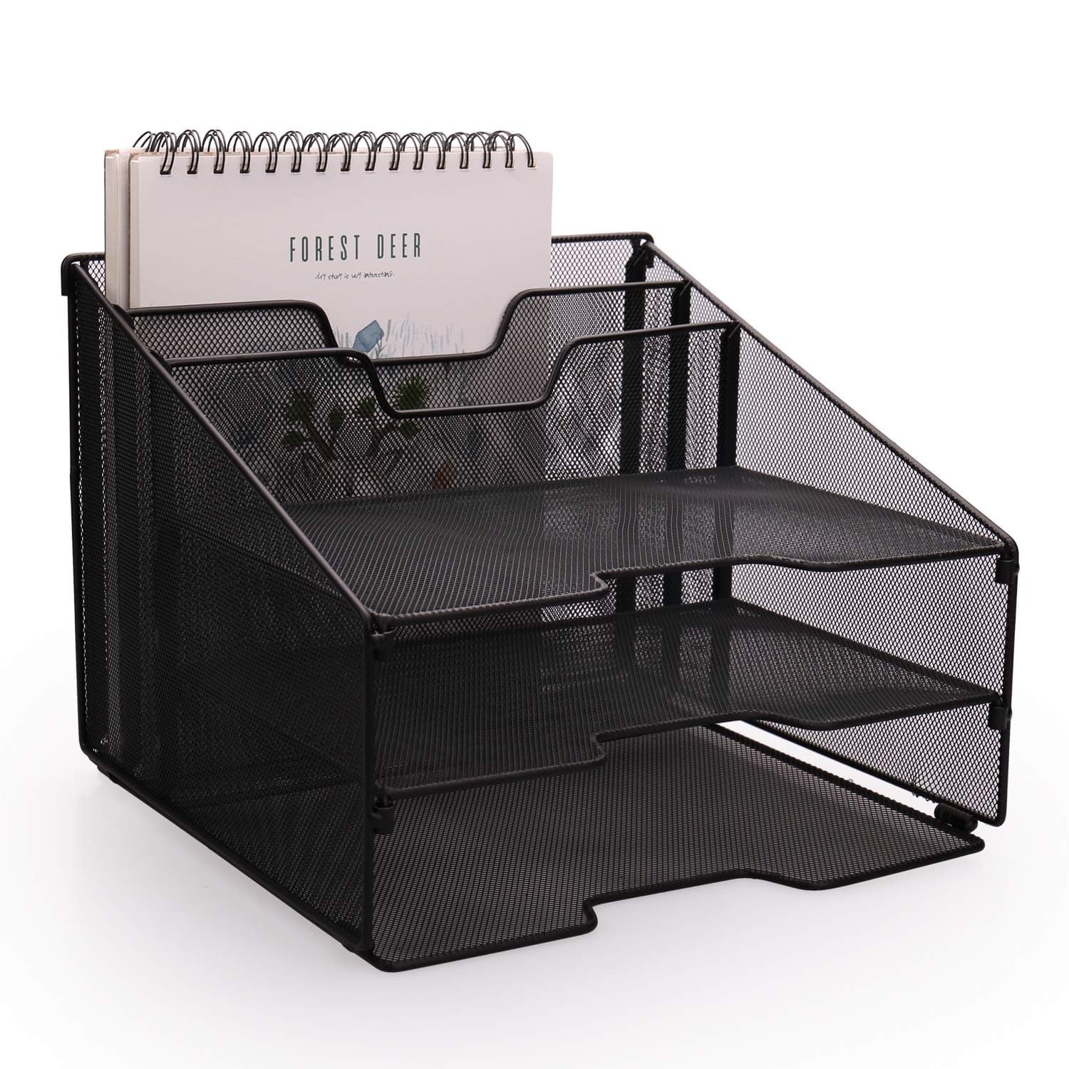 HQD Vertical Desktop Organizer, Mesh Desk Organizer with 2 Compartment Organizer Shelf and 3 Desktop Document Letter Tray File Organizer Desktop for Mail Sorter, Magazine Rack, Paper File Holder