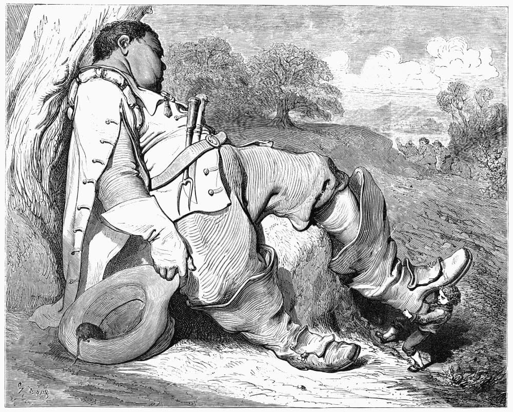 Perrault Tom Thumb 1867 NWhile This Way Or That Way Each Rapidly Shoots Off Hop O My Thumb Takes The Seven League Boots Off Wood Engraving After Gustave Dore 1867 From Les Contes De Perrault Dessins P