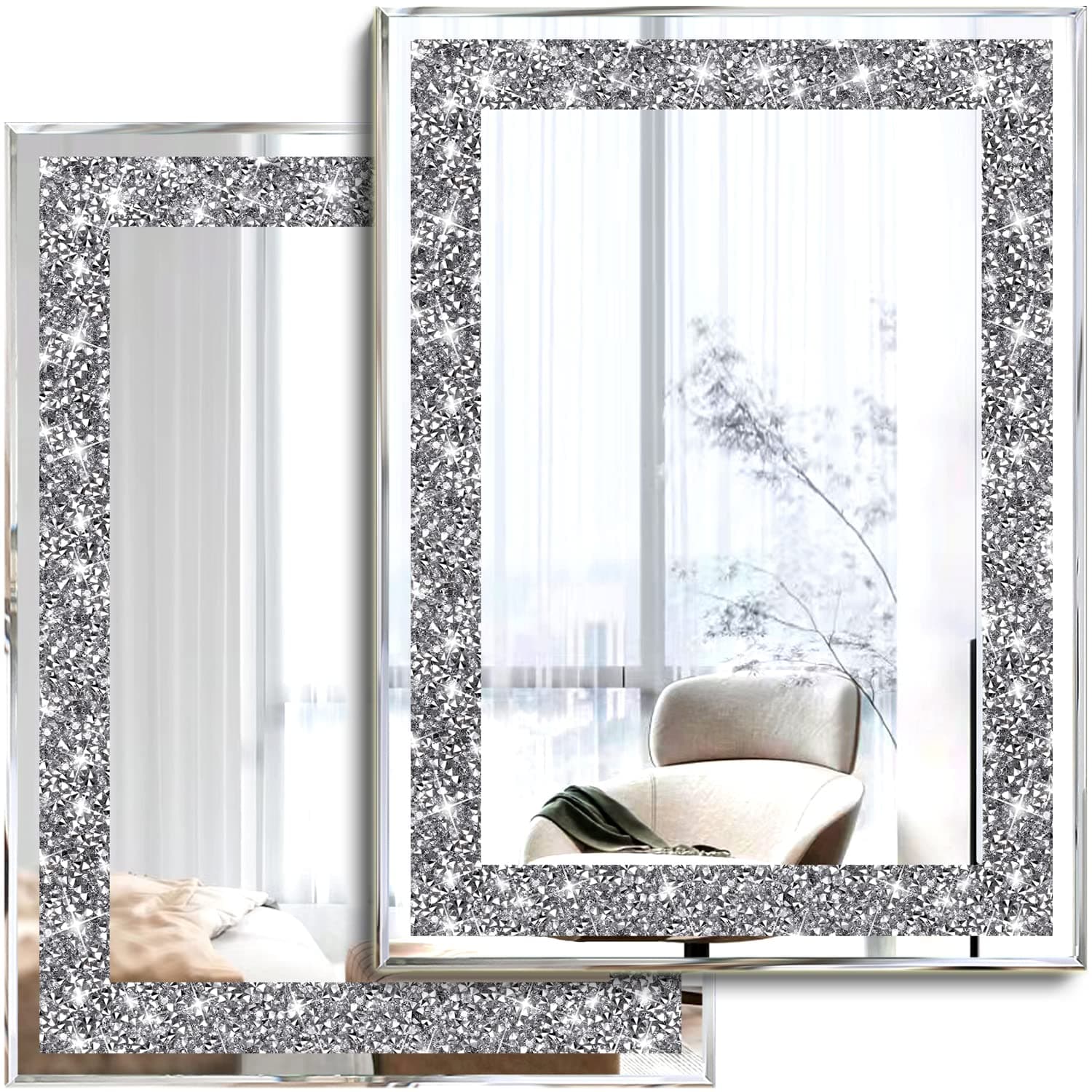 2 Piece Wall Mirrors, Crush Diamond Wall Décor Silver Decorative Mirrors for Living Room , Bedroom, Bathroom. (11”x15”)
