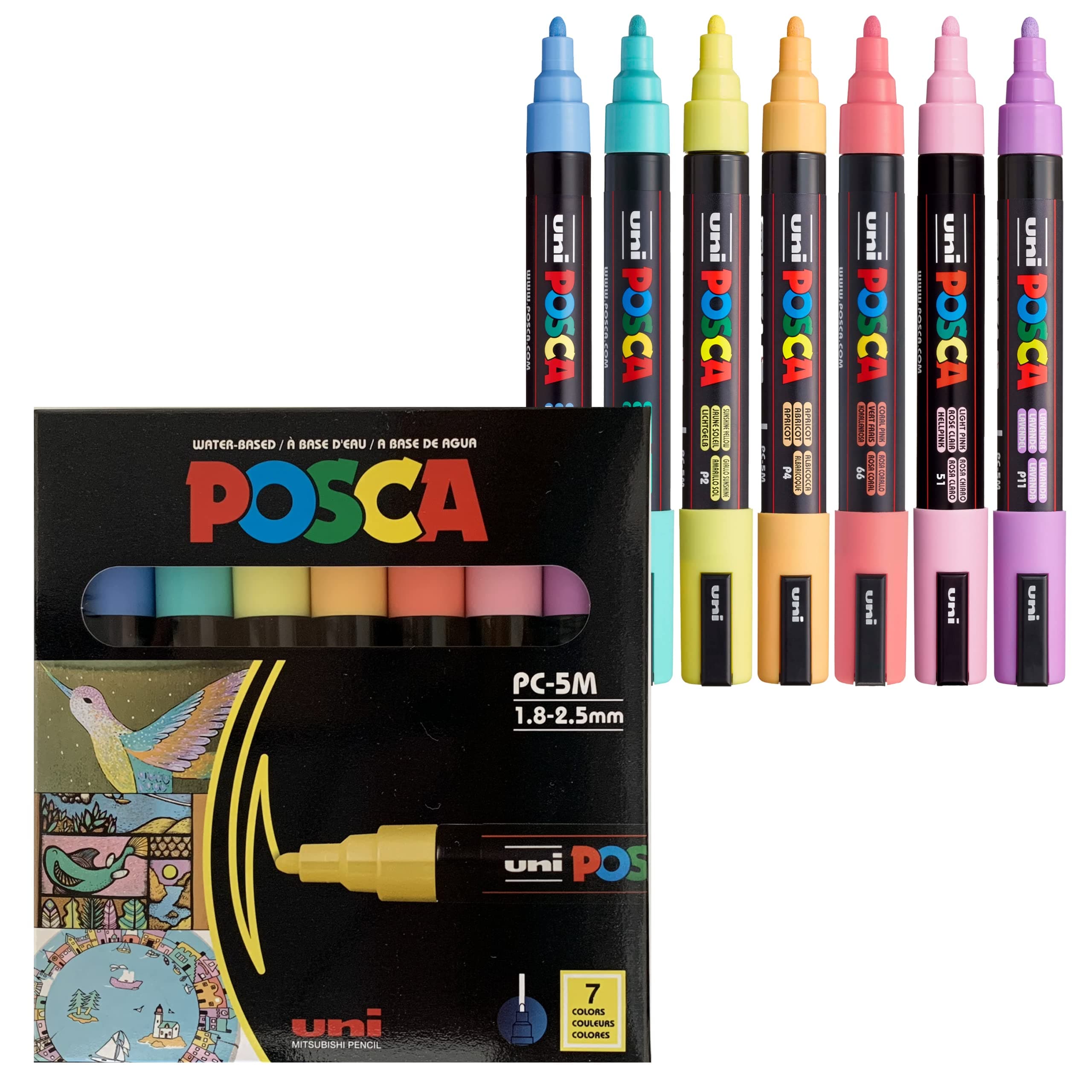 Posca 5M Medium Pastel Markers with Reversible Tips, Set of 7, Kids Art Supplies For Gifts, Decorations, Fabric, Metal, Glass, Wood and Canvas