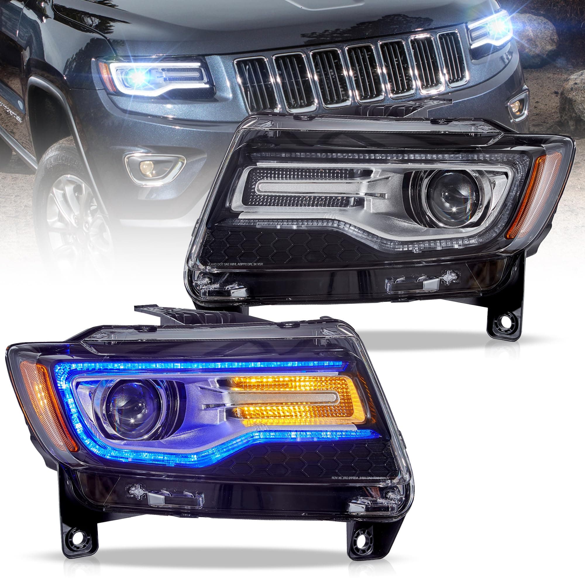Led Headlights Compatible with Cherokee 4th Gen WK2 2011-2013 Halogen/Xenon Version w/Dynamic Animation Blue Running Light w/Sequential Turn Signal (Chrome)