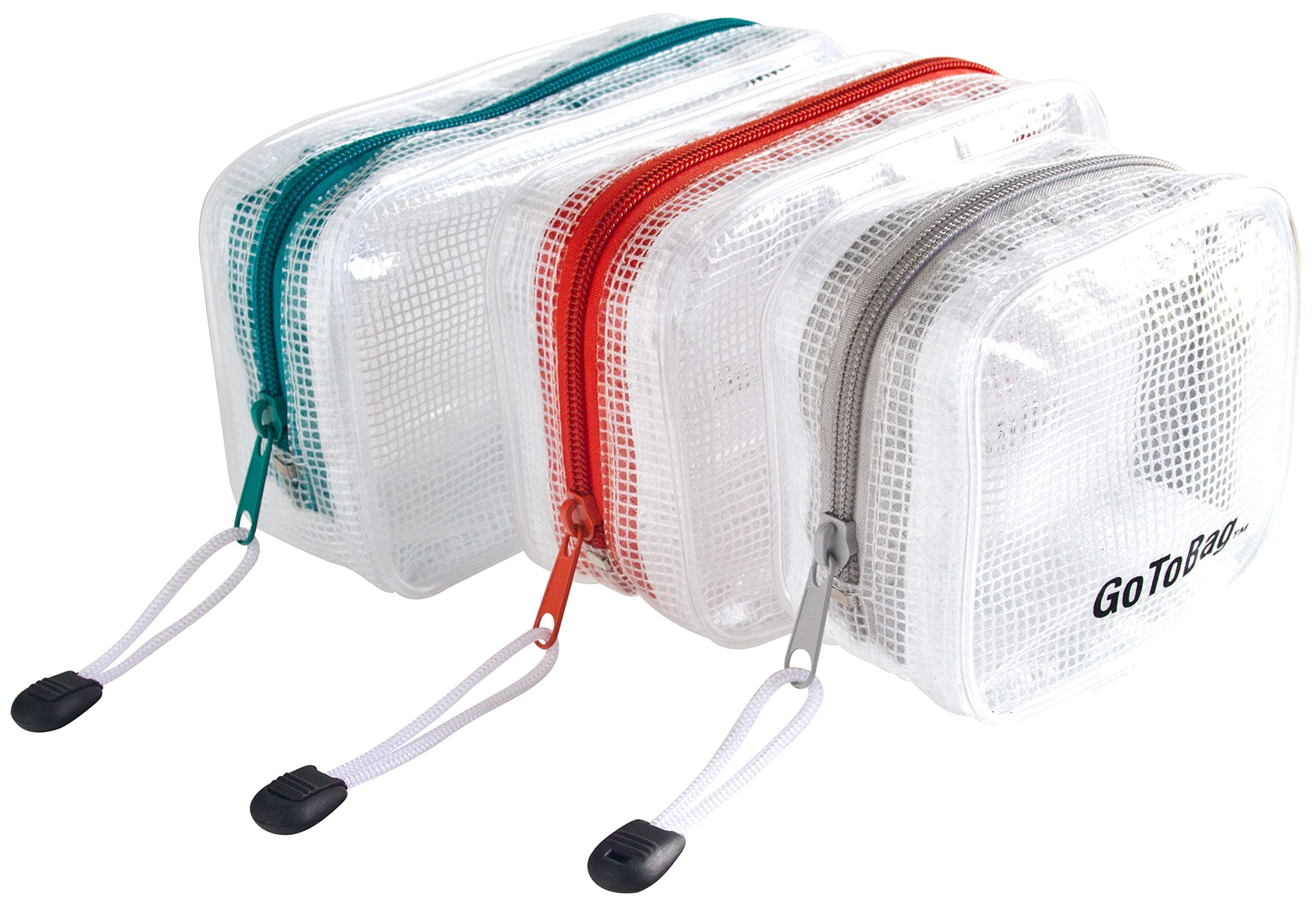3 Pack Organizer Storage Packing Bags by GoToBag - Clear Water Resistant Solid Reinforced PVC Mesh Plastic with Zipper Closure - for Travel, Office, School, Arts and Craft, Purse, Cables, All-Purpose