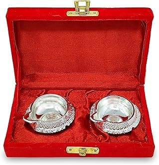 BENGALEN Silver Plated Diya with Red Velvet Gift Box