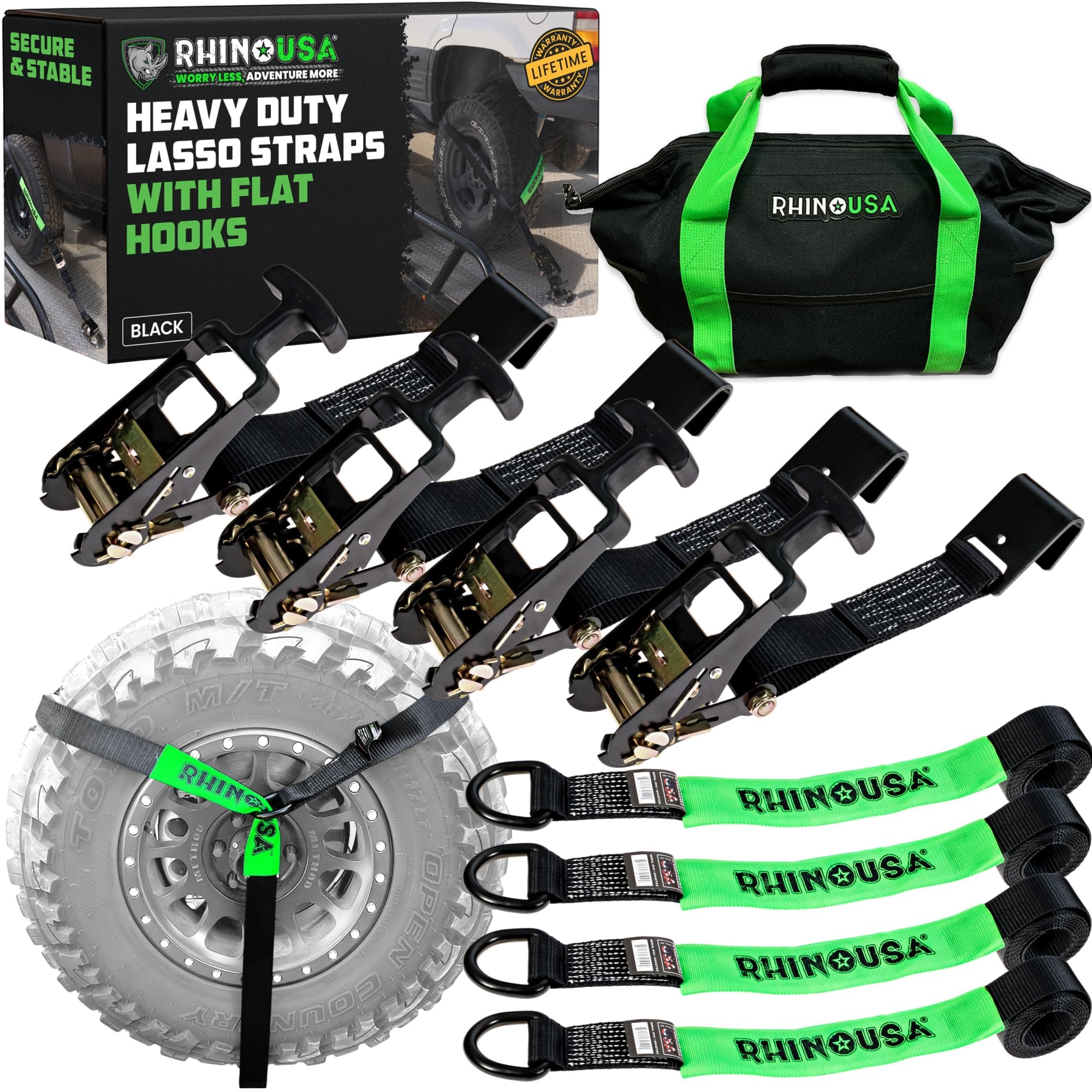 Car Tie Down Straps with Flat Hooks – 4 Pack 2" x8' – 10,000lbs Break Strength – Heavy Duty T-Handle Car Hauler Tire Lasso Wheel Straps for Trailers, UTV & Powersports – Black