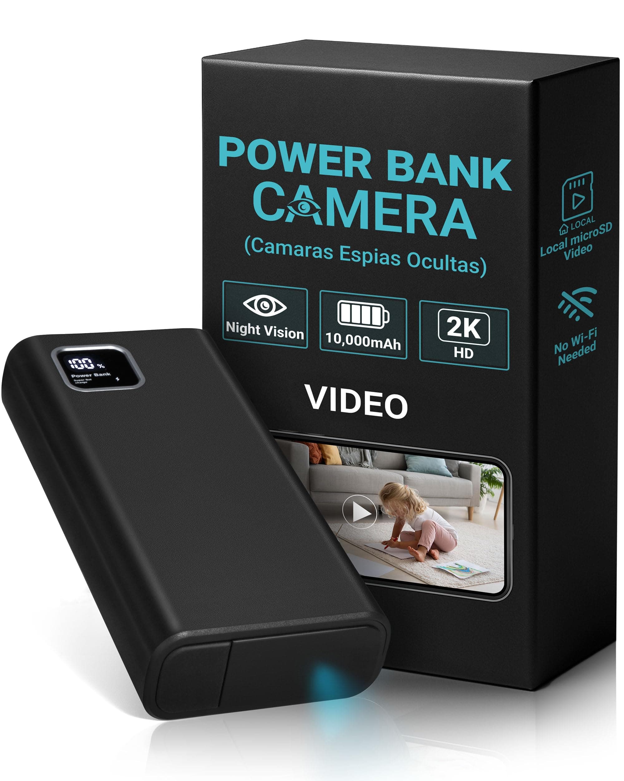 2K HD Small Security Camera with Motion Detector, Power Bank with Night Vision Gravity Sensor, Loop Recording, 10,000mAh for Home Mini Camera with 64G SD Card, No App Required, No Audio