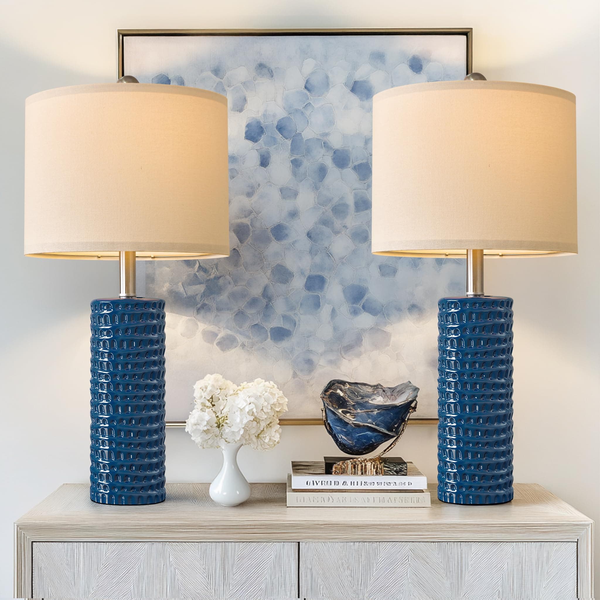 PORTRES 24.75" Modern Accent Ceramic Table Lamp Set of 2 for Bedroom Desk Decor Bedside Lamps for Living Room Study Room Office Dorm Farmhouse Nightstand Lamp End Table Lamps (Blue)