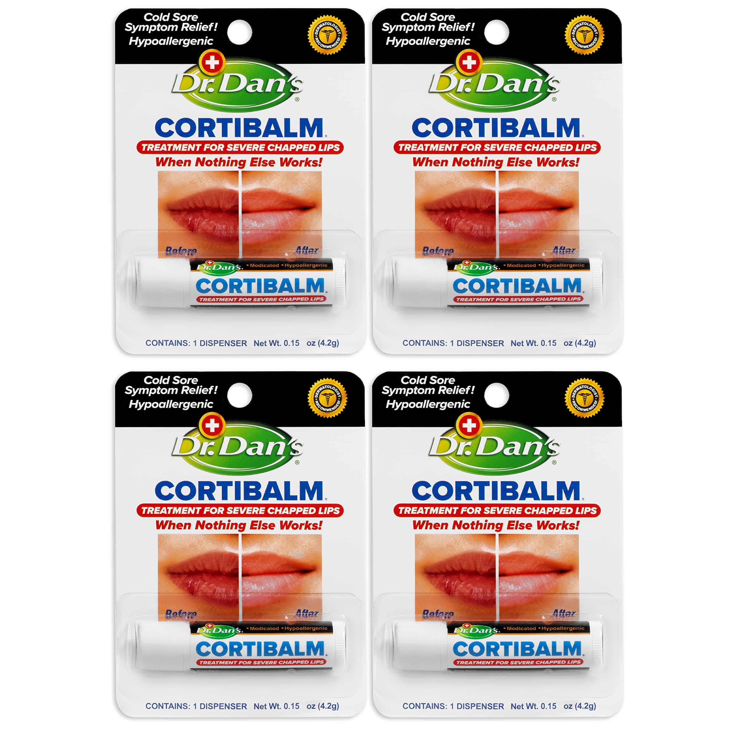 Dr. Dan's Cortibalm- 4 Pack- for Dry Cracked Lips - Healing Lip Balm for Severely Chapped Lips - Designed for Men, Women and Children - 4 Pack