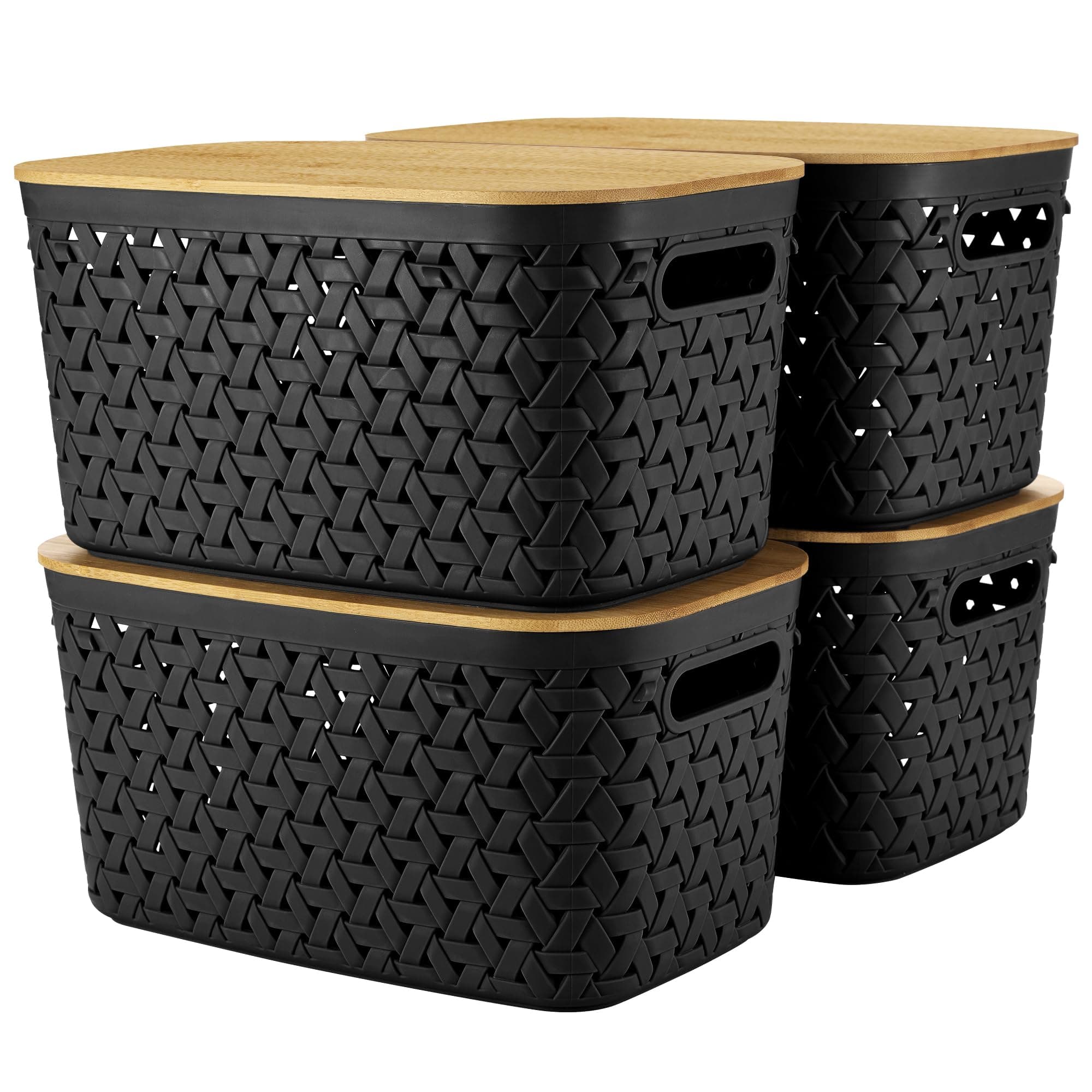 Modern Black Plastic Storage Bins with Bamboo Lids Set of 4 - Stackable, Rectangular, 11.9" L x 7.7" W x 6.3" H - Perfect for Home, Kitchen, Office Organization