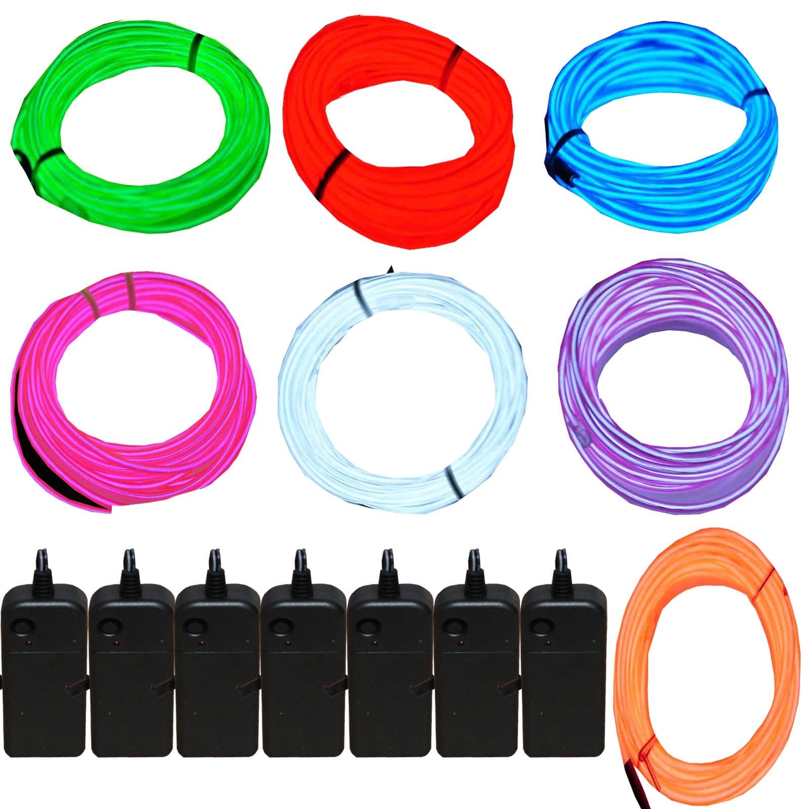7 Pack 9ft Neon Light El Wire w/Battery Pack (Green, Blue, Red, Orange, Purple, White, Pink)