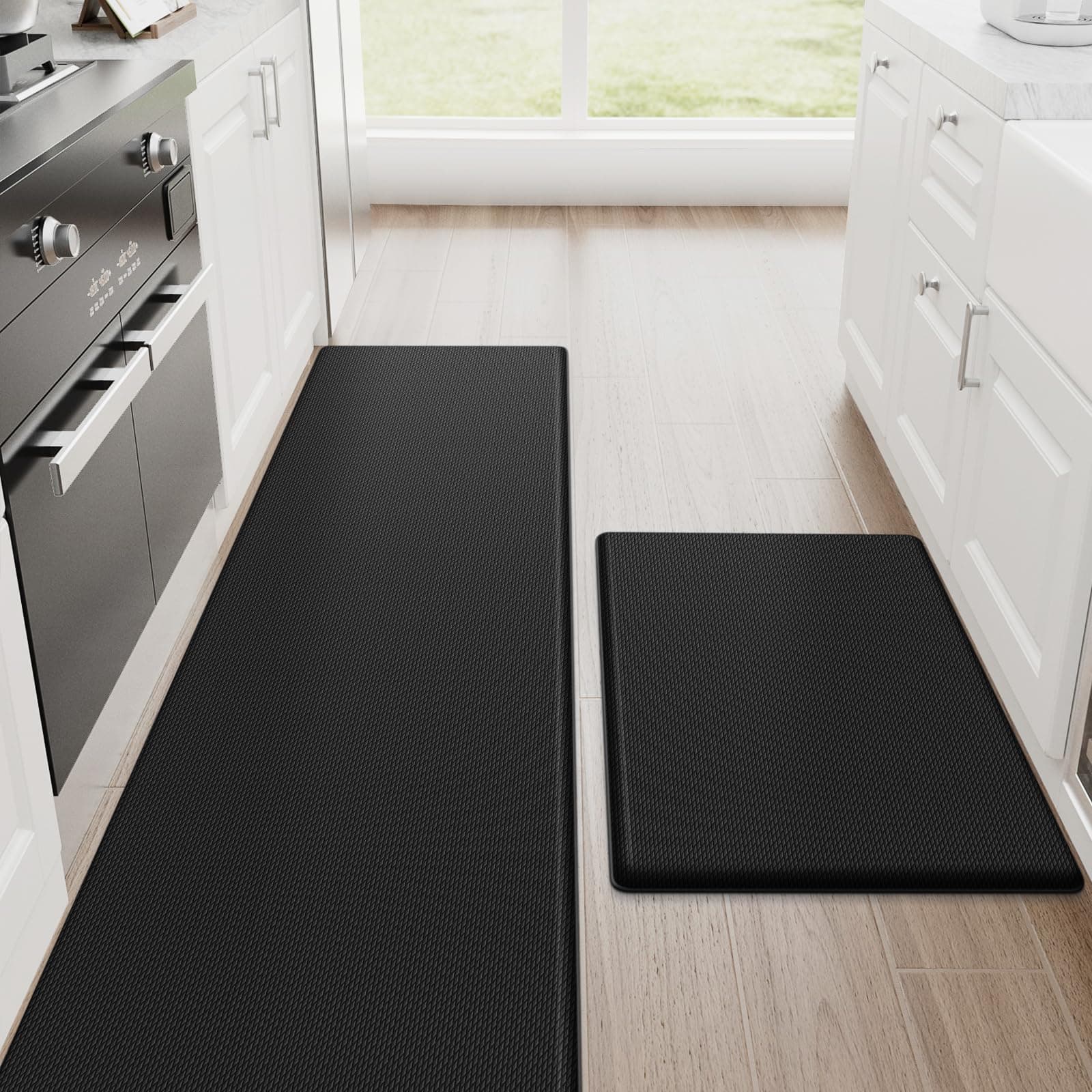 StepRite Kitchen Mats, 2PCS Kitchen Rugs, Cushioned Anti Fatigue Kitchen Mats for Floor, Non-Slip Standing Desk Mat, Waterproof Kitchen Rug Set for Kitchen, 20" x 32"+20" x 71"-0.47 inch Thick, Black