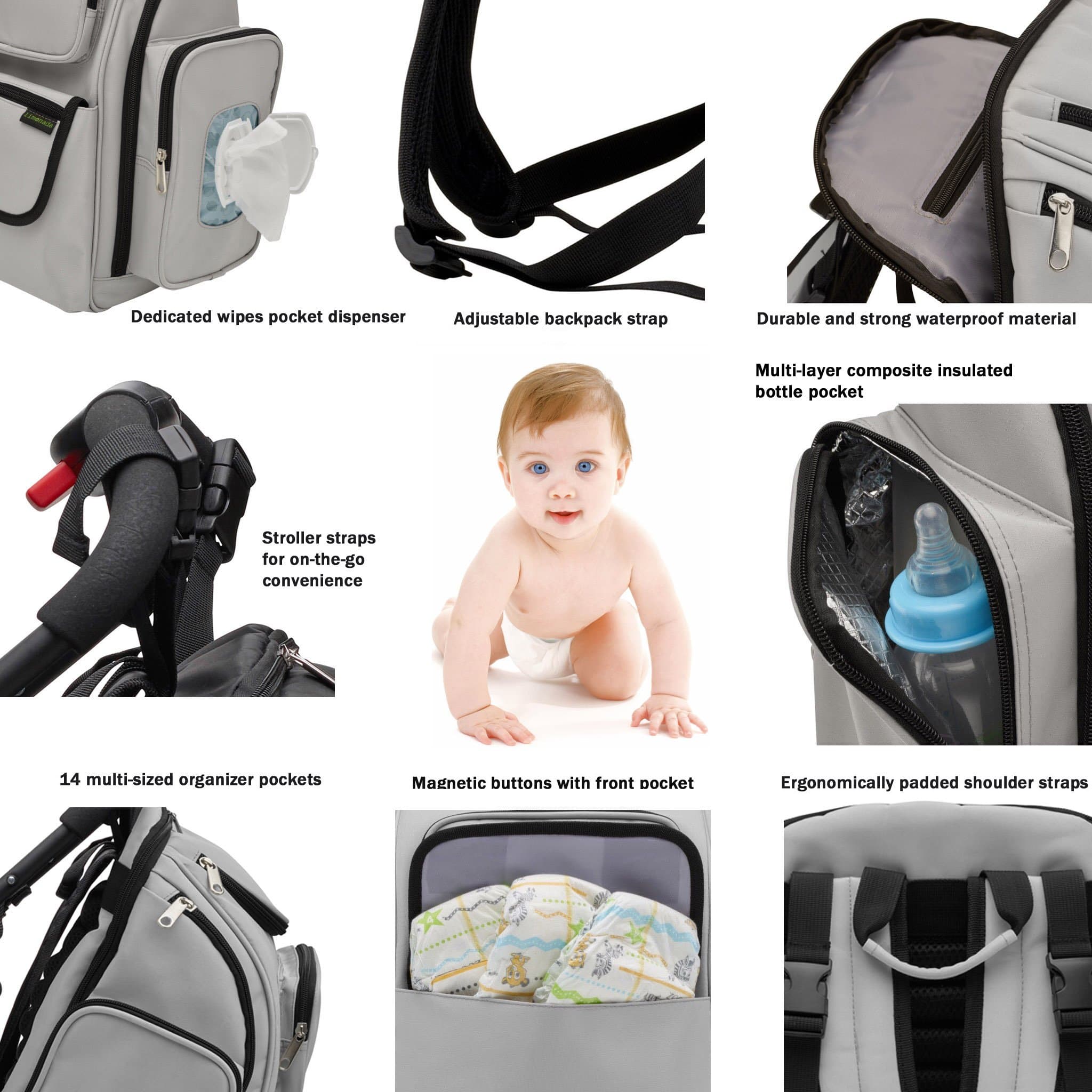 MyLimonada Diaper Bag Backpack Organizer Stroller Straps, Changing Pad, Wipes Dispenser, Thermal-Insulated Pocket (Grey)