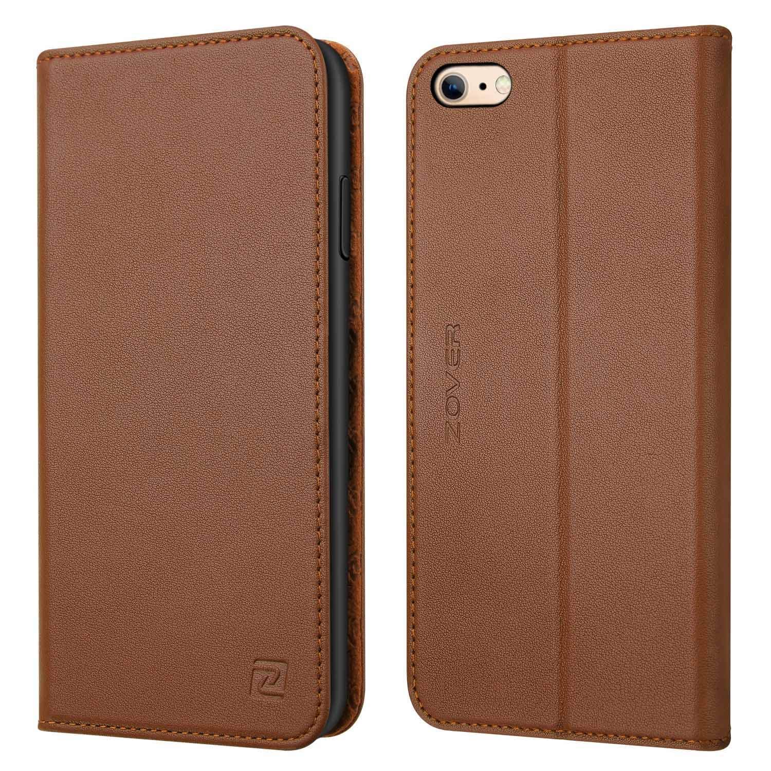 ZOVER Compatible with iPhone 6s 6 Case Genuine Leather Case Flip Folio Book Case Wallet Cover Kickstand Feature Card Slots & ID Holder Magnetic Closure Brown