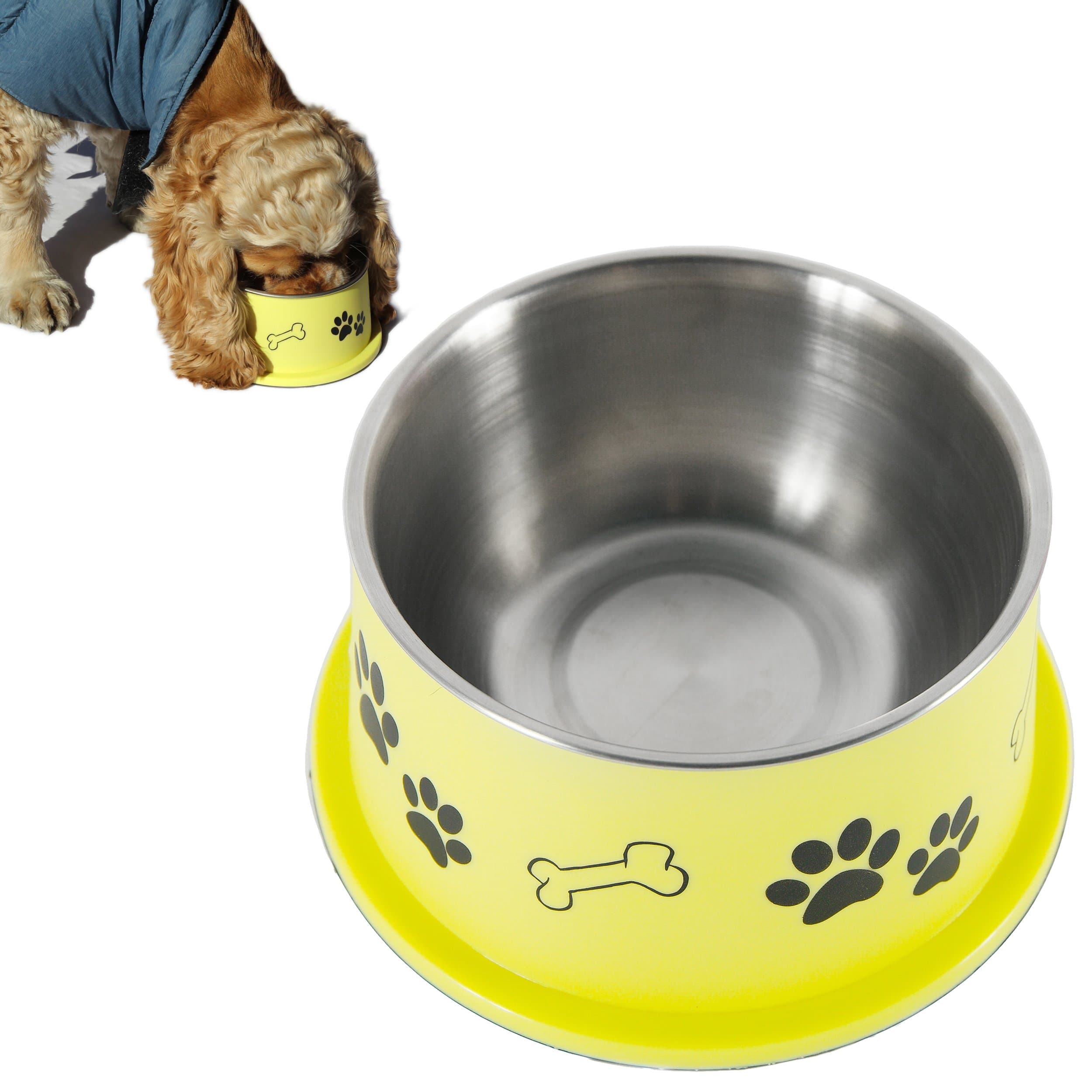 SPANIEL BOWL for LONG EAR Dog - ERGONOMIC Personalized Custom Design BOWLS, NO Tip STAINLESS Dish (Medium (17oz - 6.3 x 5.3 x 3.0inch), Banana Yellow)