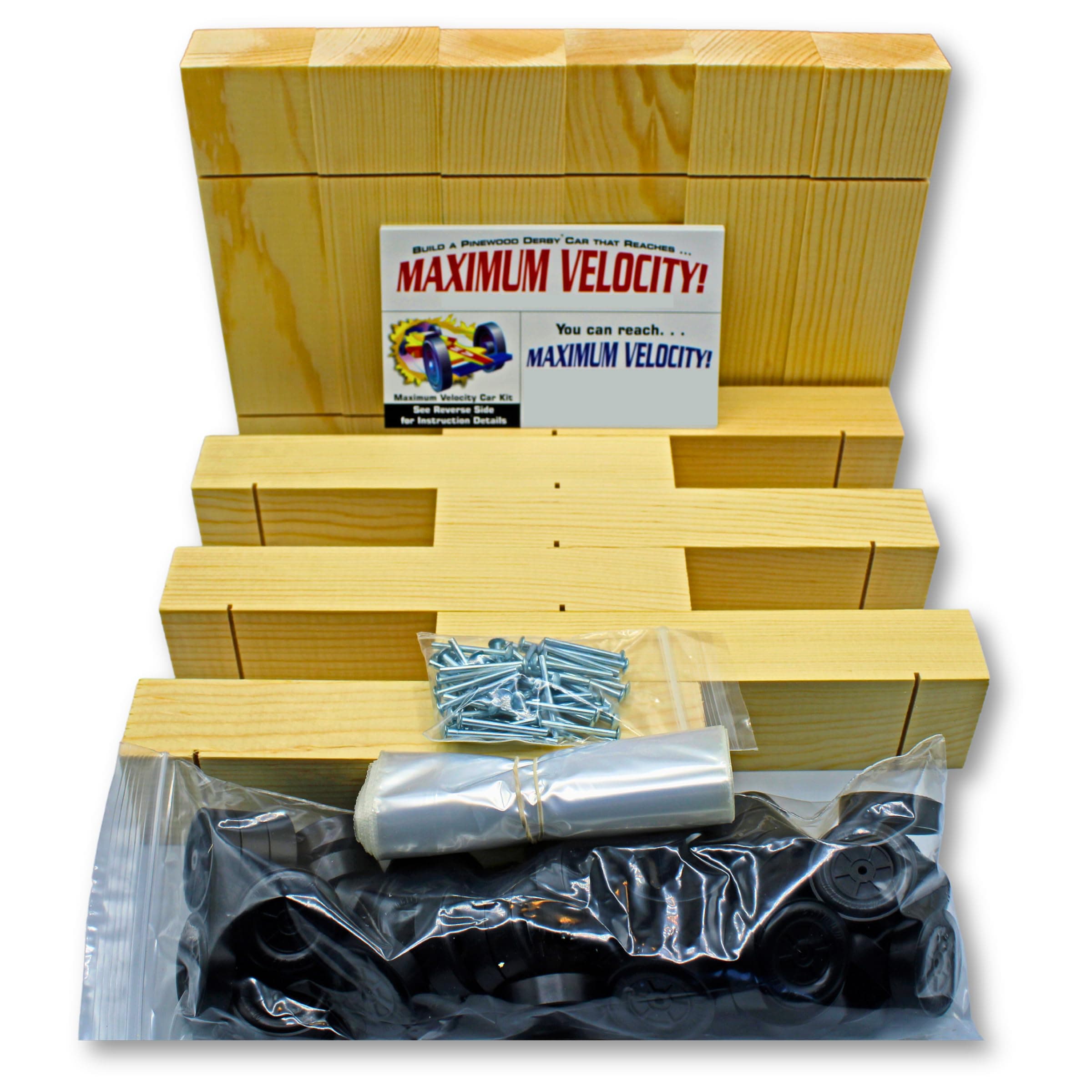 Maximum Velocity! Derby Car Kits | Bulk Pack (12) | Pine Block Kits Includes Wheels & Axles | Pinewood Car Kits
