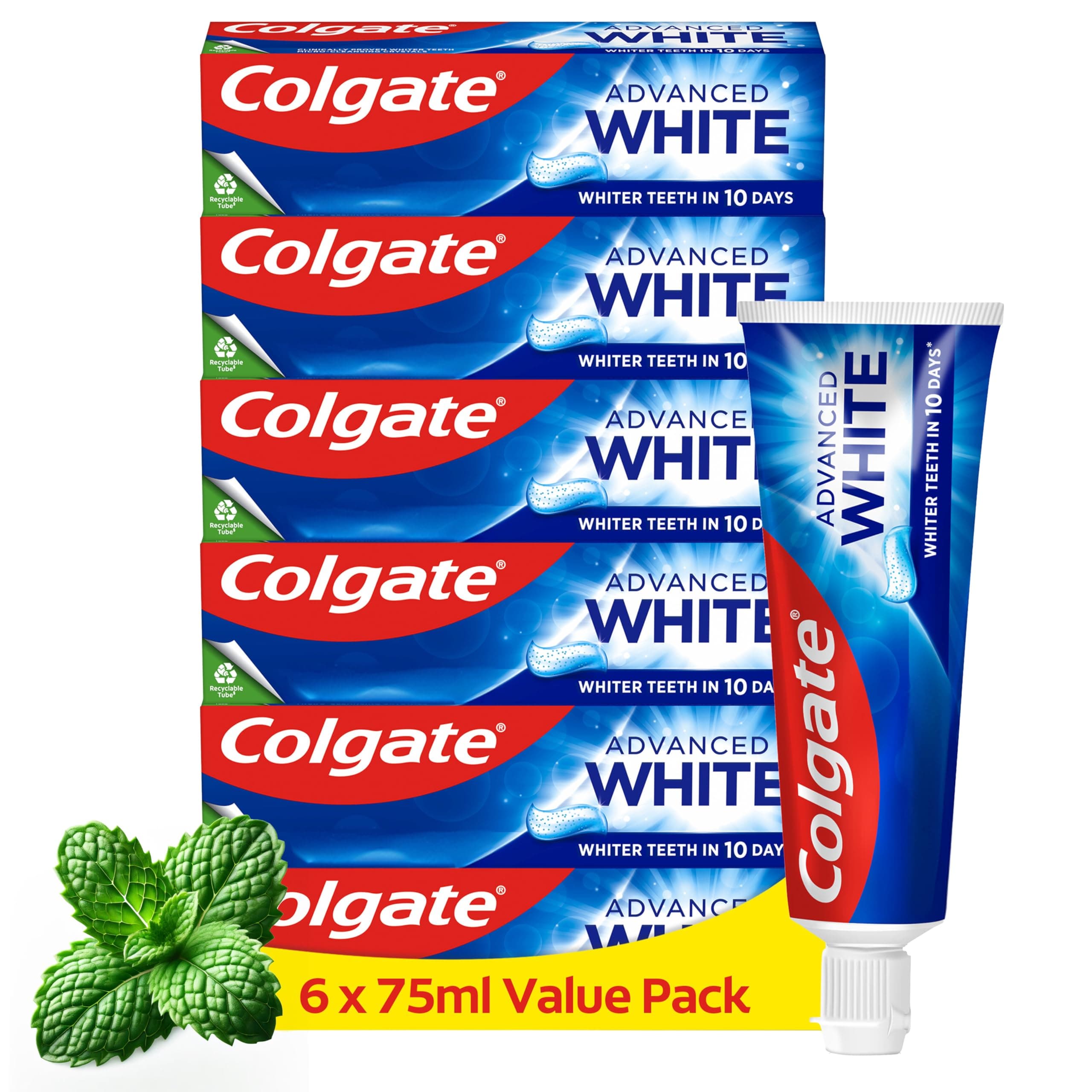 Advanced White Toothpaste, 6 x Multi Action Whitening Toothpastes with Cavity Protection Fluoride Formula for Whiter Teeth, Bulk/Value Set, 125 ml (Pack of 6)