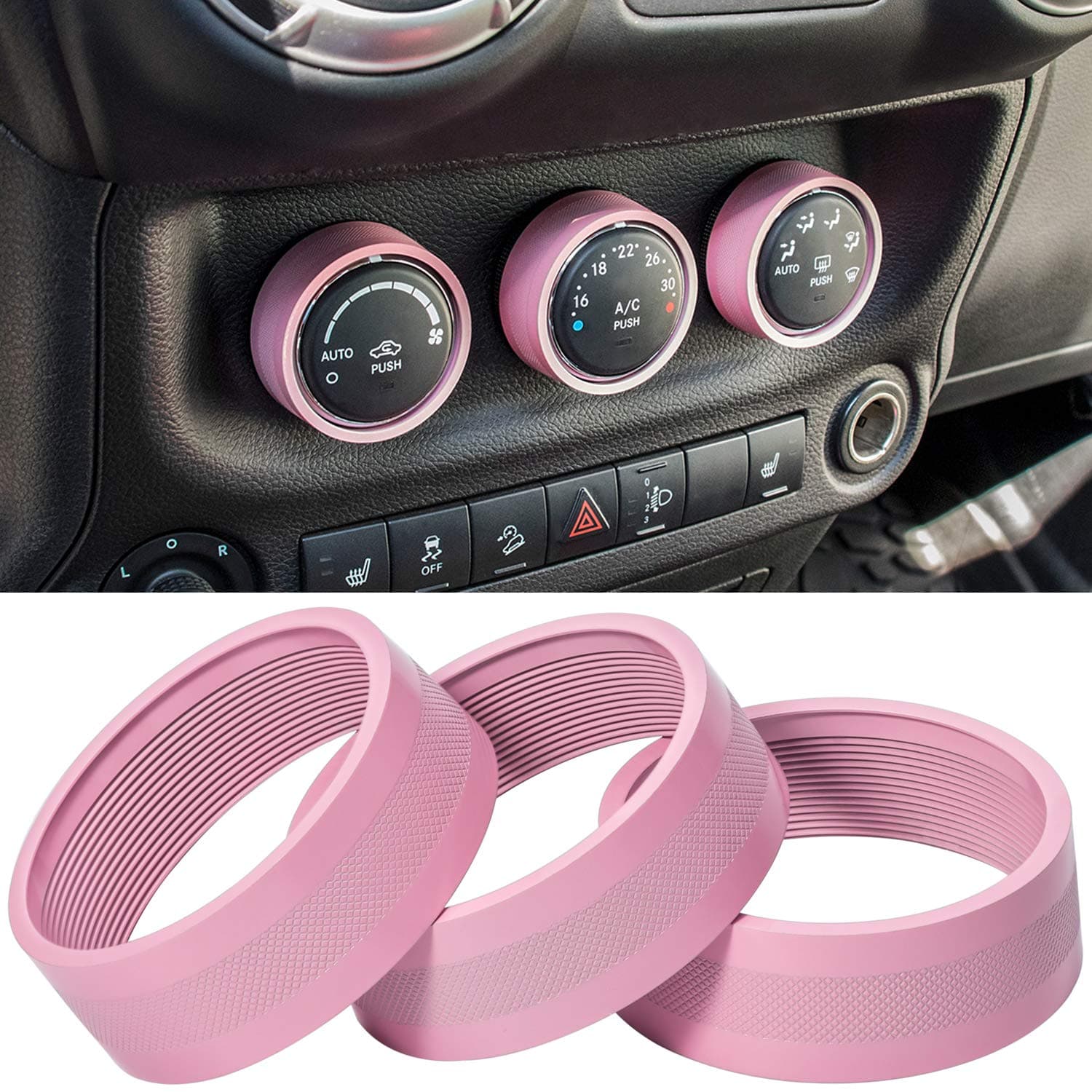 Audio Air Conditioning Button Cover Decoration Twist Switch Ring Trim for Jeep Wrangler JK JKU Patriot 2011-2018, Compass 11-16, Liberty 08-12, Dodge Challenger 08-14 Interior Accessories Pink 3PCS